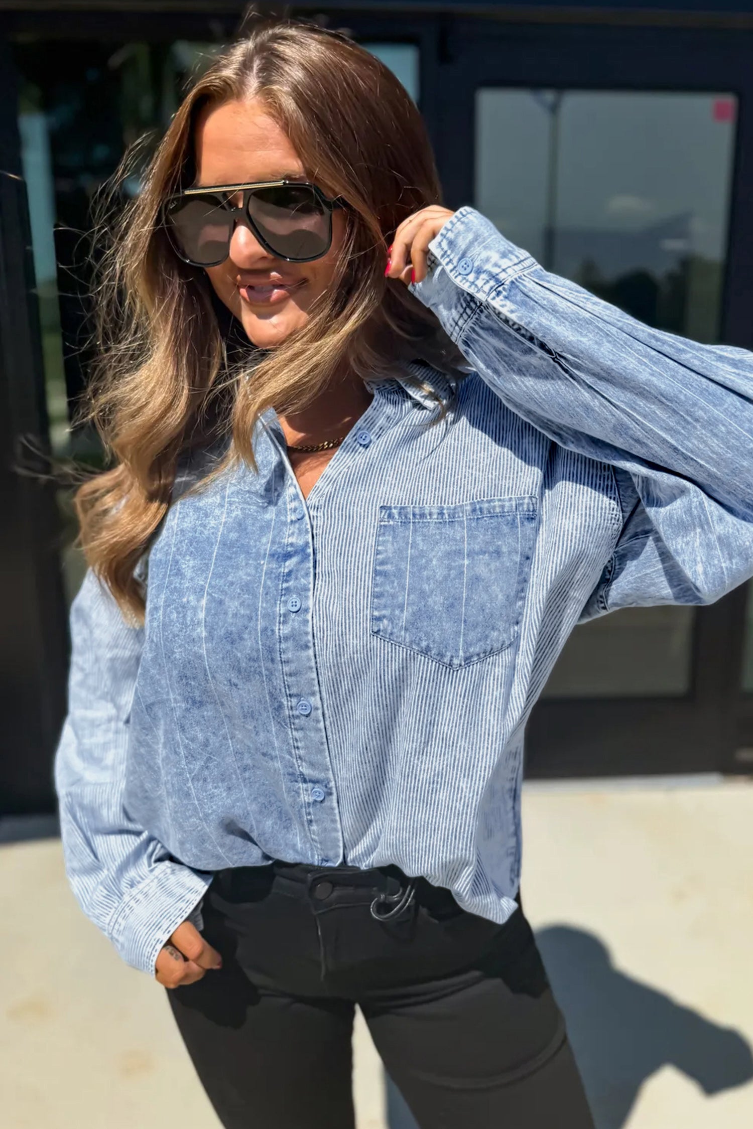 Sky Blue Stripe Vintage Washed Denim Color Block Long Sleeve Shirt