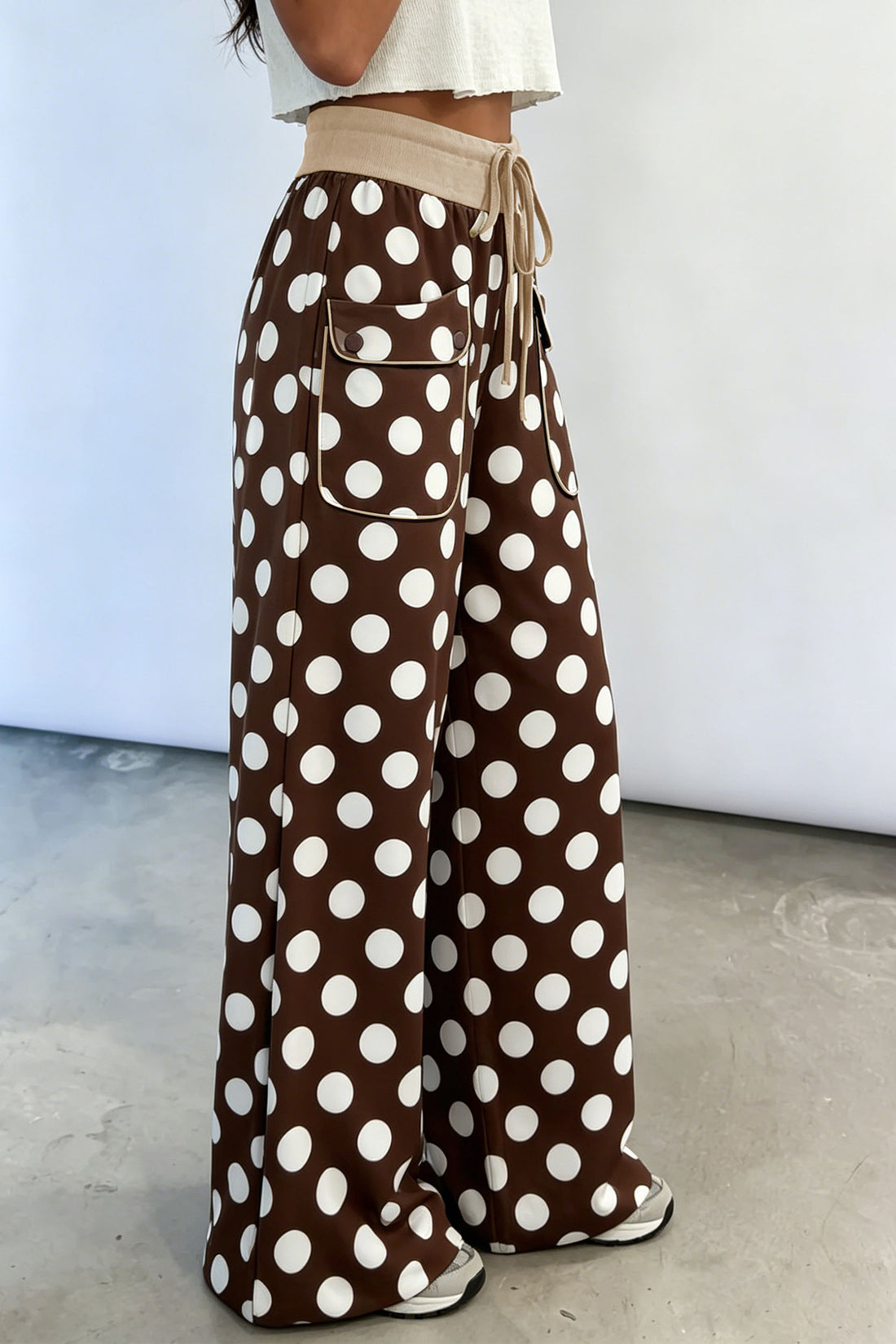 Brown Polka Dot Drawstring Pocket Wide Leg Pants