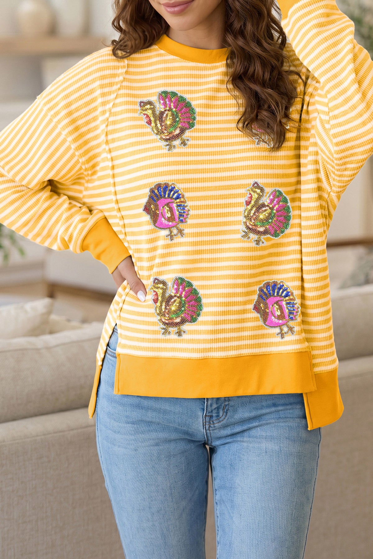 Khaki Stripe Sequin Turkey Graphic Split Hem Long Sleeve Relaxed Top