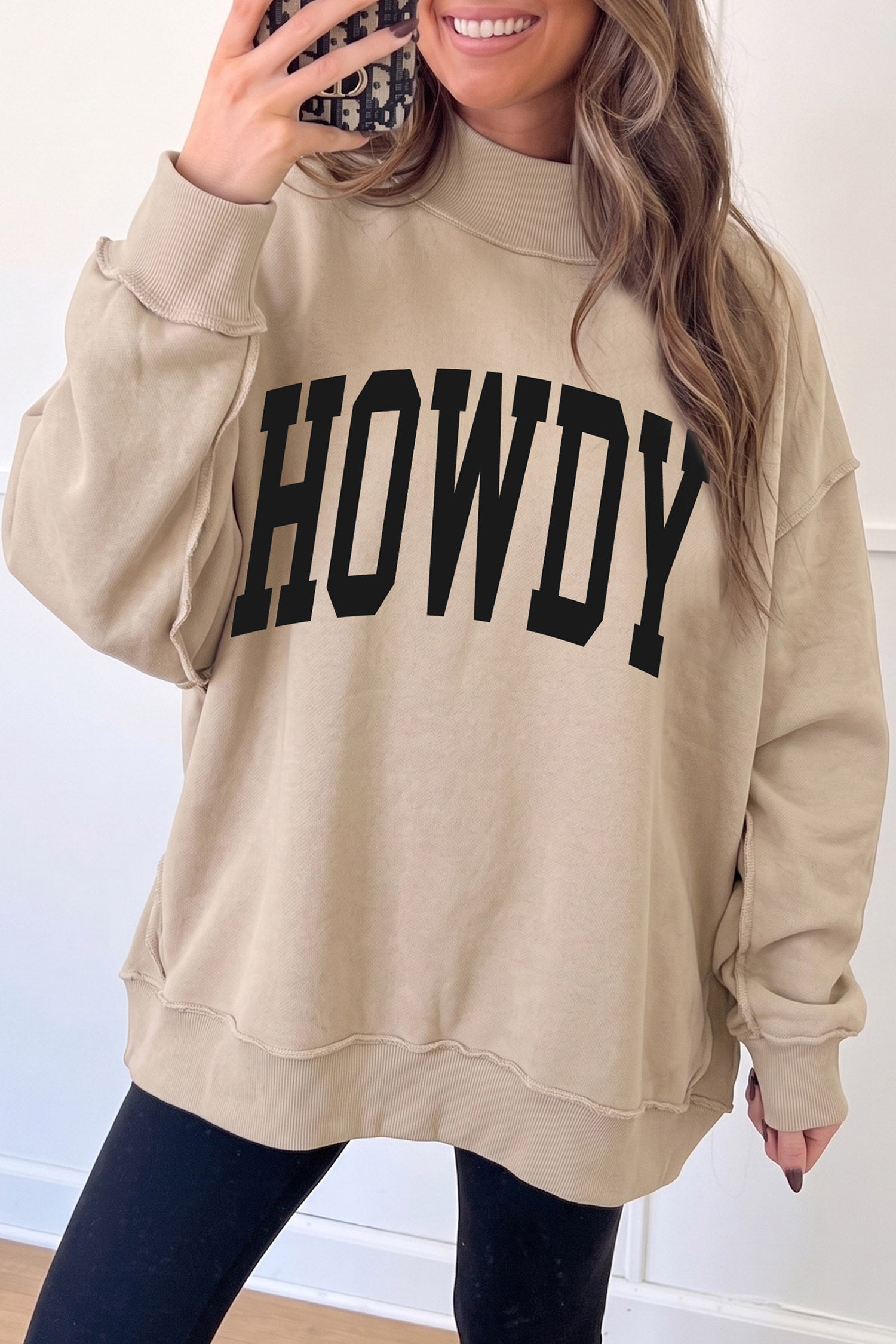 Apricot HOWDY/ YEEHAW Double Side Printed Mock Neck Western Reversible Sweatshirt