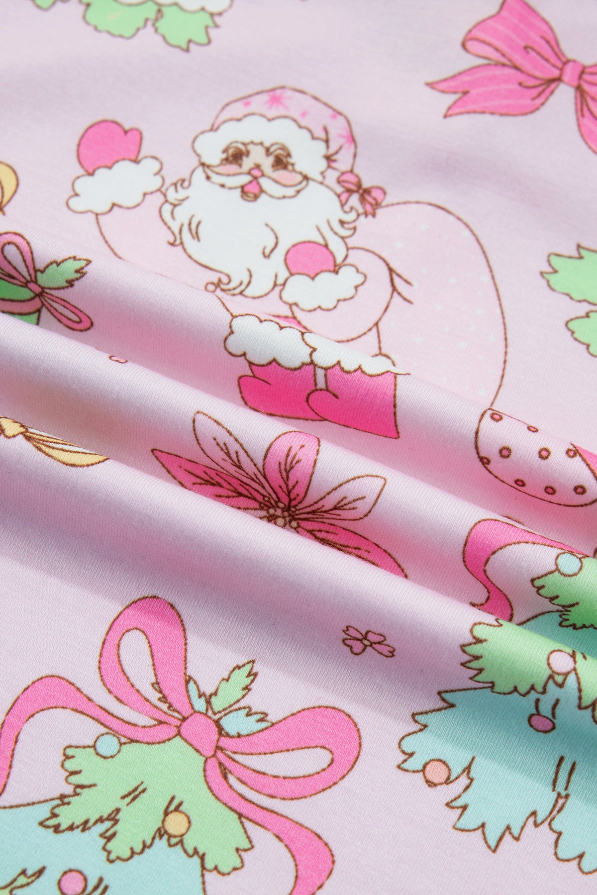 Pink Christmas Print Button Front Long Sleeve Lounge Set