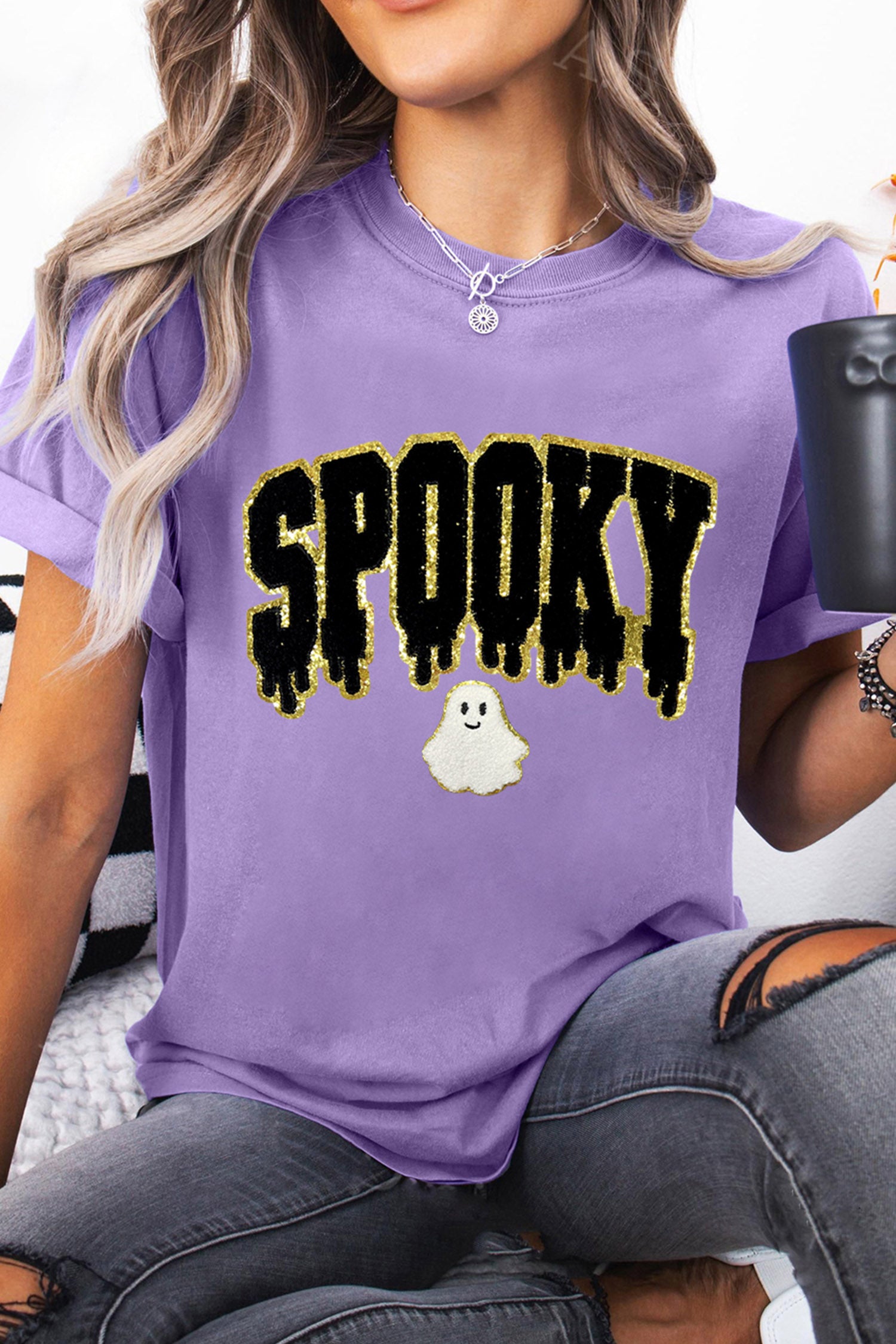 Wisteria Short Sleeve Round Neck Spooky Ghost Letter Print Casual T-Shirt