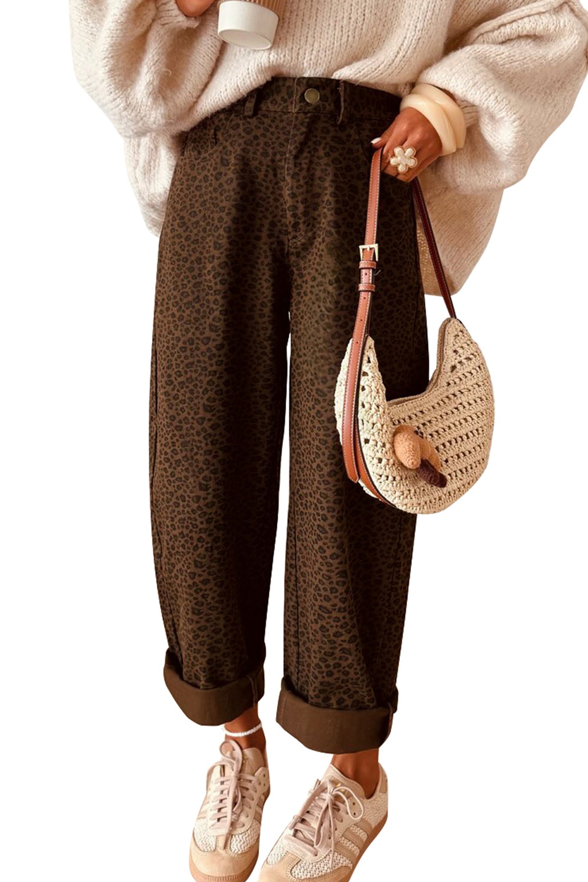 Brown Casual Leopard Print Full-Length Regular Fit Jeans