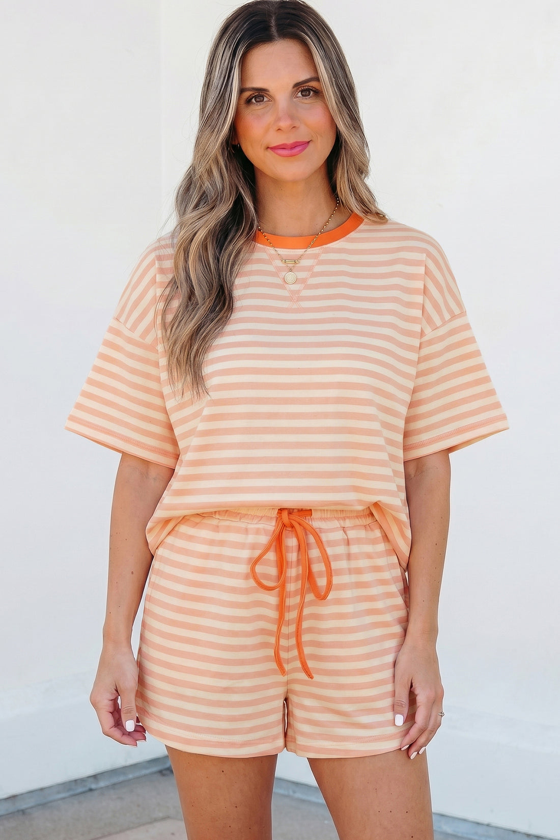 Pink Stripe Contrast Neck Loose Tee and Drawstring Shorts Set