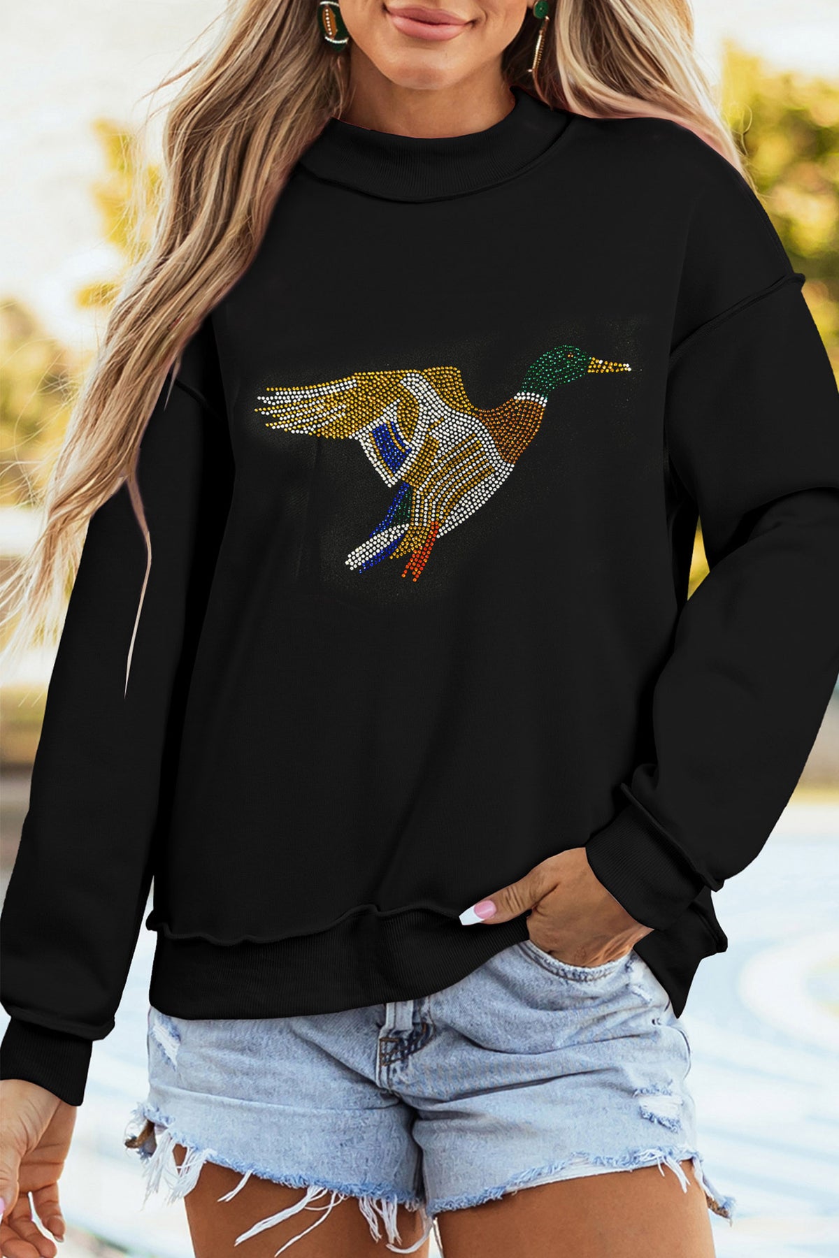 Black Rhinestone Flying Mallard Graphic Mock Neck Tunic Sweatshirt