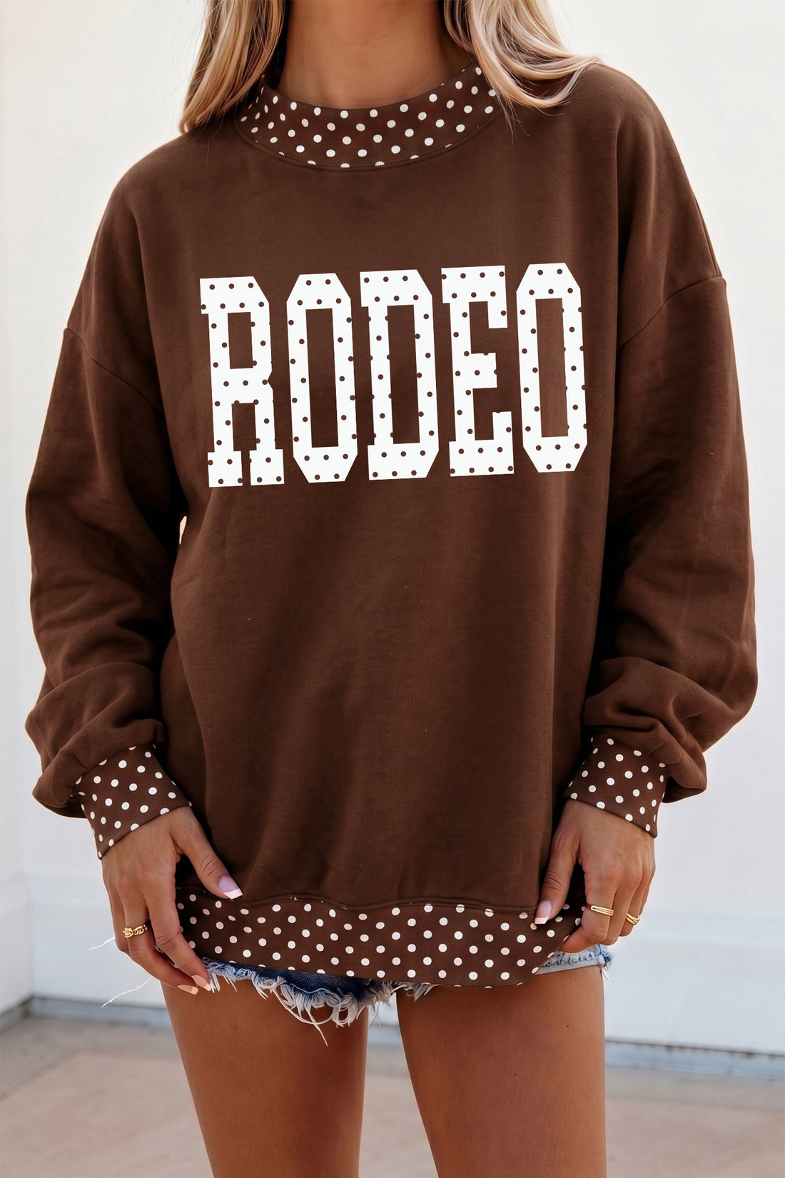 Brown RODEO Print Polka Dot Trim Baggy Pullover Sweatshirt