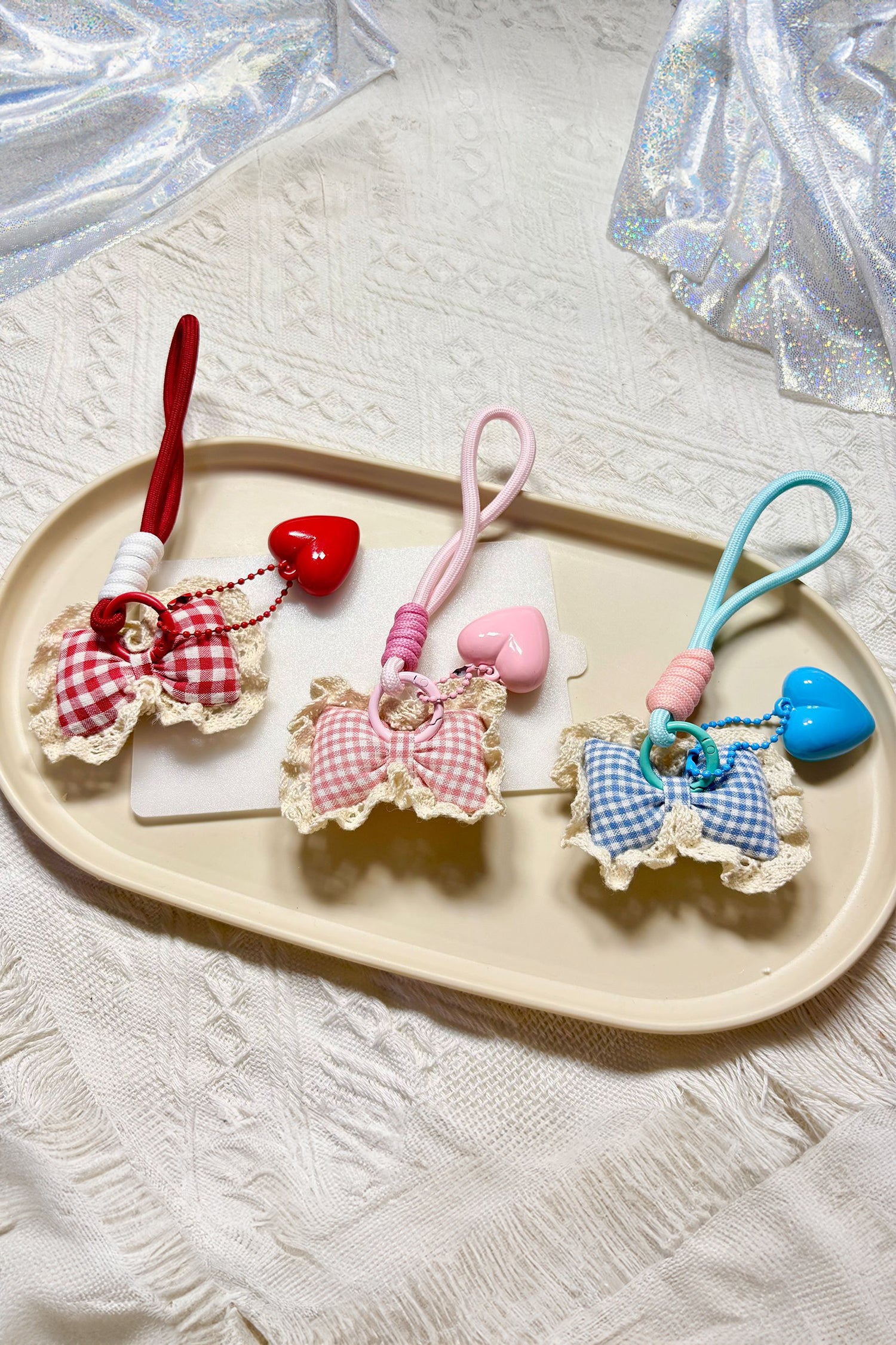 Pink Puffy Heart Crochet Trim Plaid Bow Rope Dangle Keychain Bag Accessory