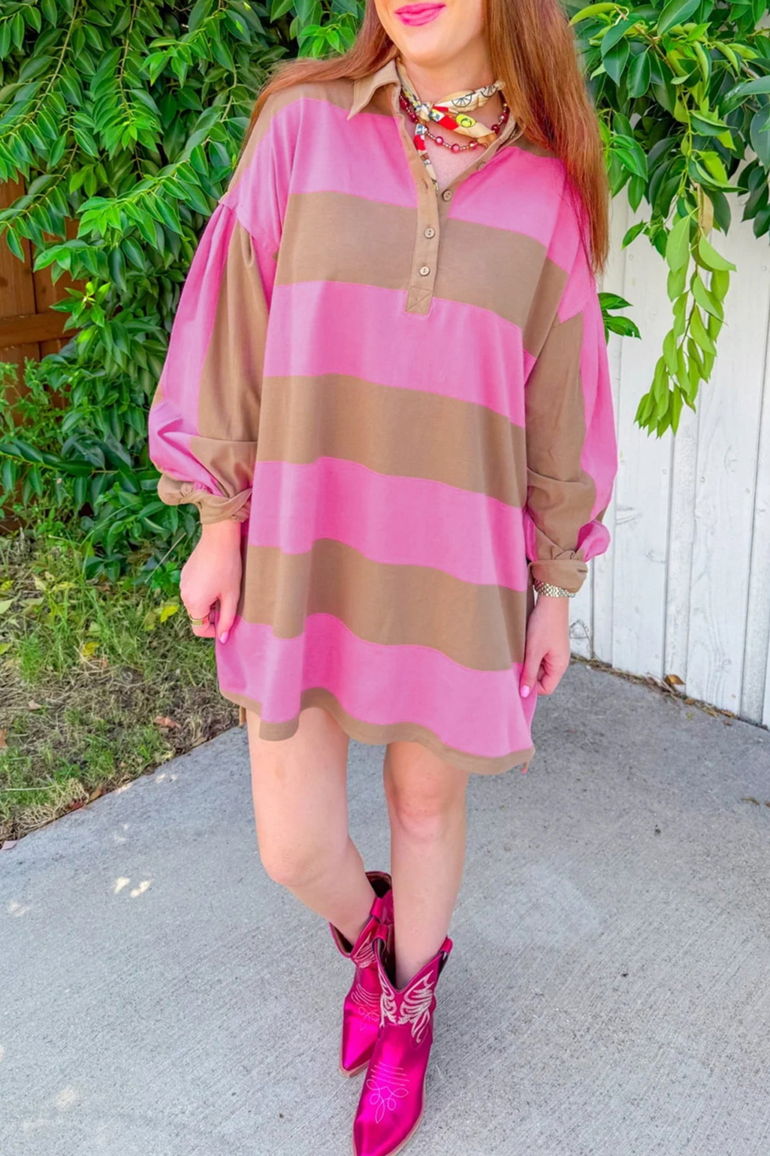 Rose Stripe Striped Button Long Sleeve Short Shift Dress