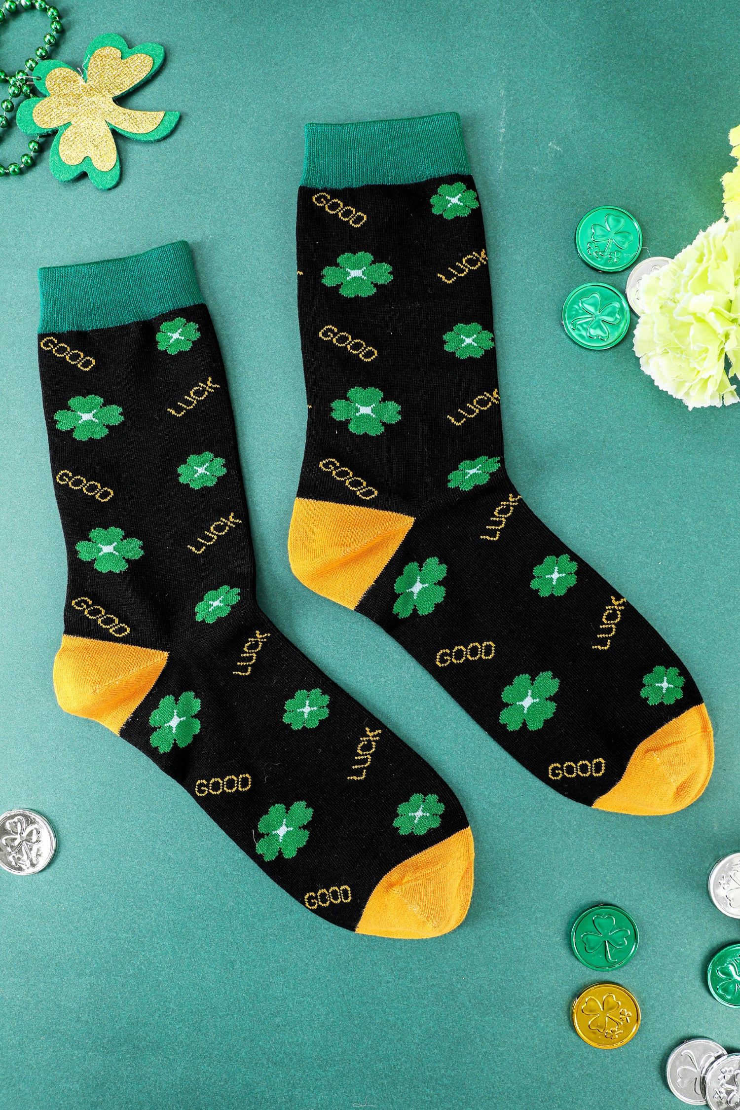 Dark Green GOOD LUCK St Patrick Clover Color Block Socks 