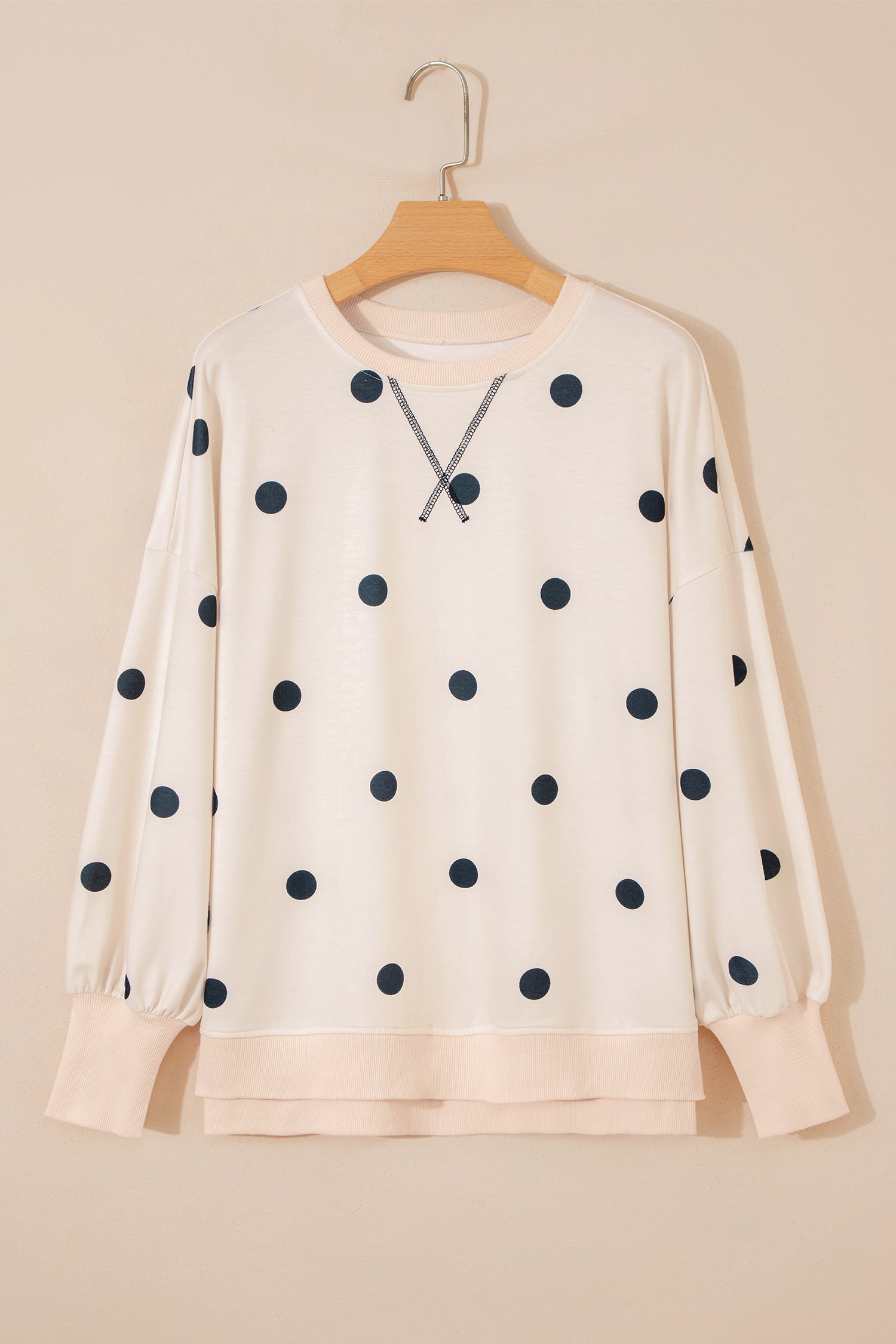 Beige Polka Dot Loose Long Sleeve Split Hem Pullover Top