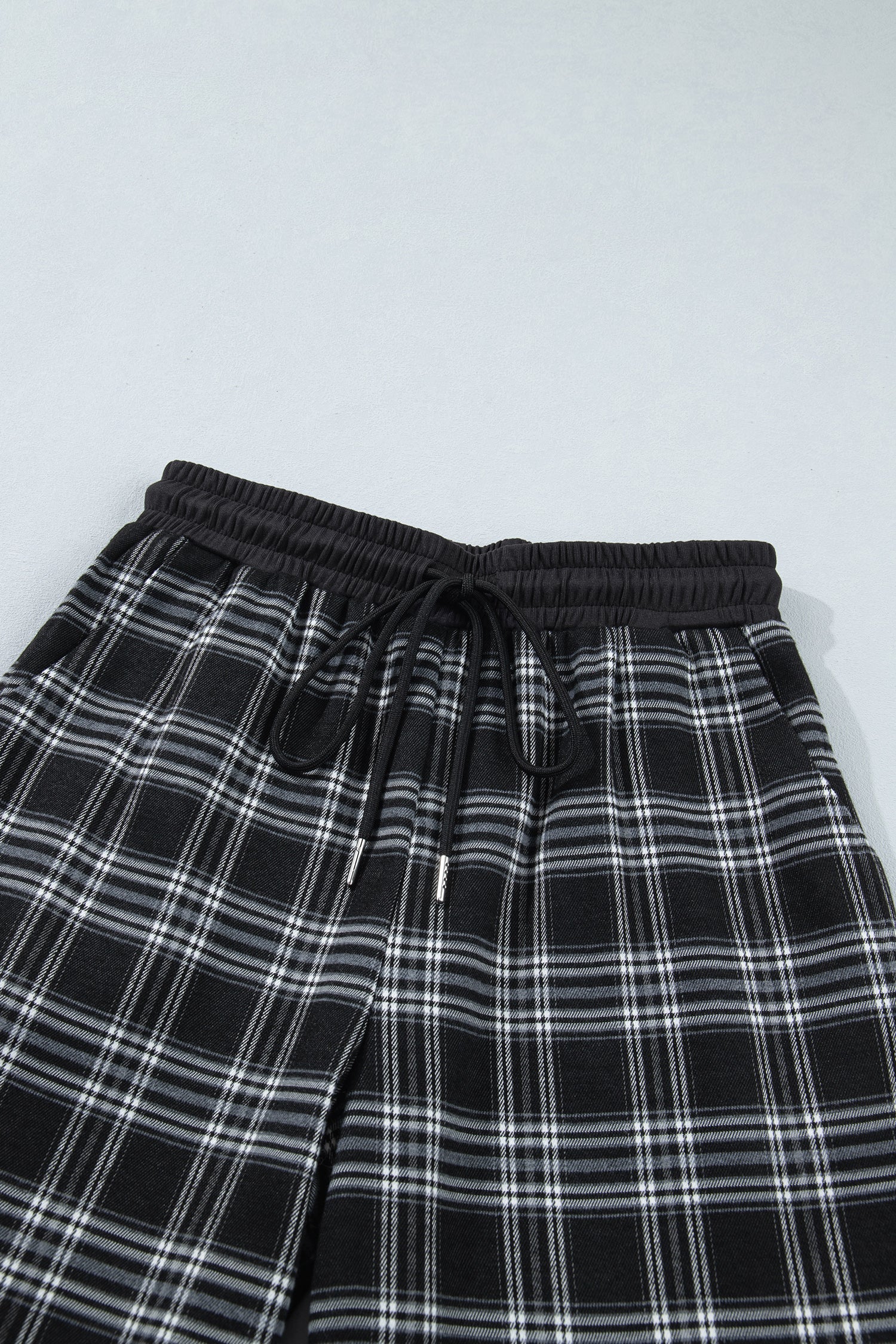 Black Frenchy Plaid Pattern Contrast Drawstring Waist Wide Leg Pants