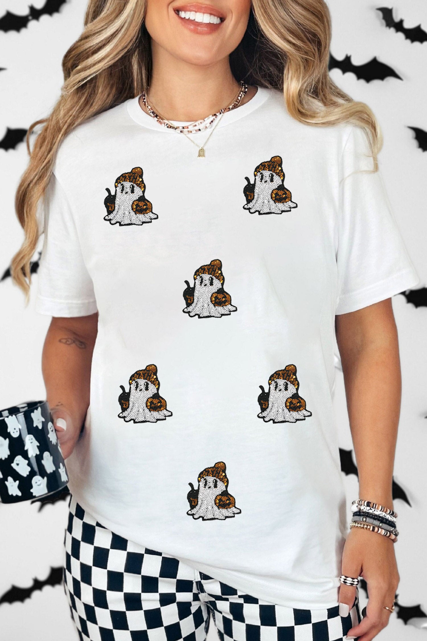 White Sequin Ghost Print Short Sleeve Casual Halloween Graphic T-Shirt