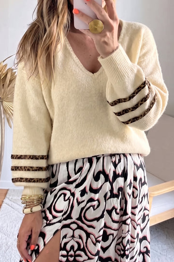 Beige V Neck Leopard Striped Detail Long Sleeve Casual Sweater