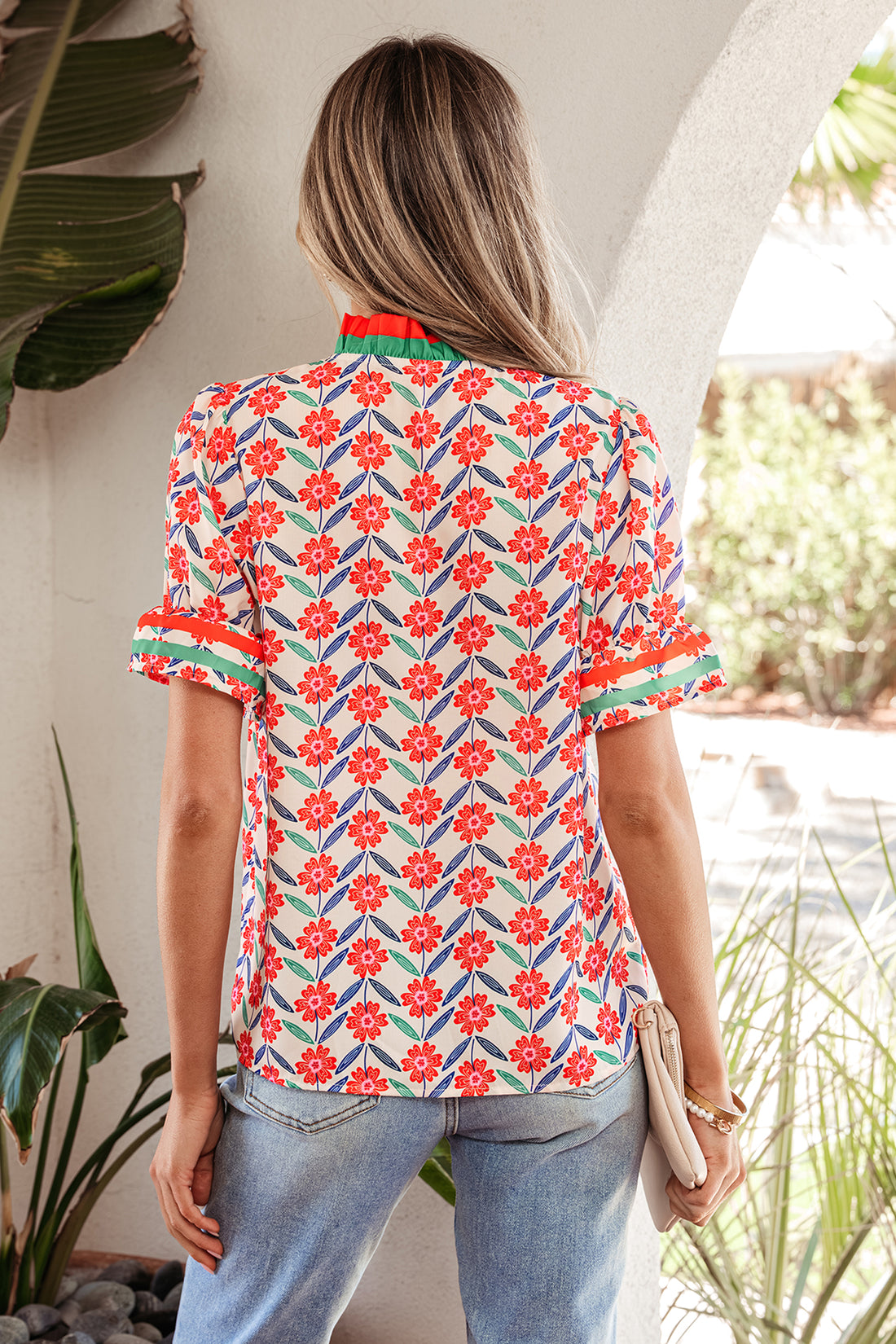 Red Floral Print Striped Detail V Neck Ruffled Short Sleeve Blouse