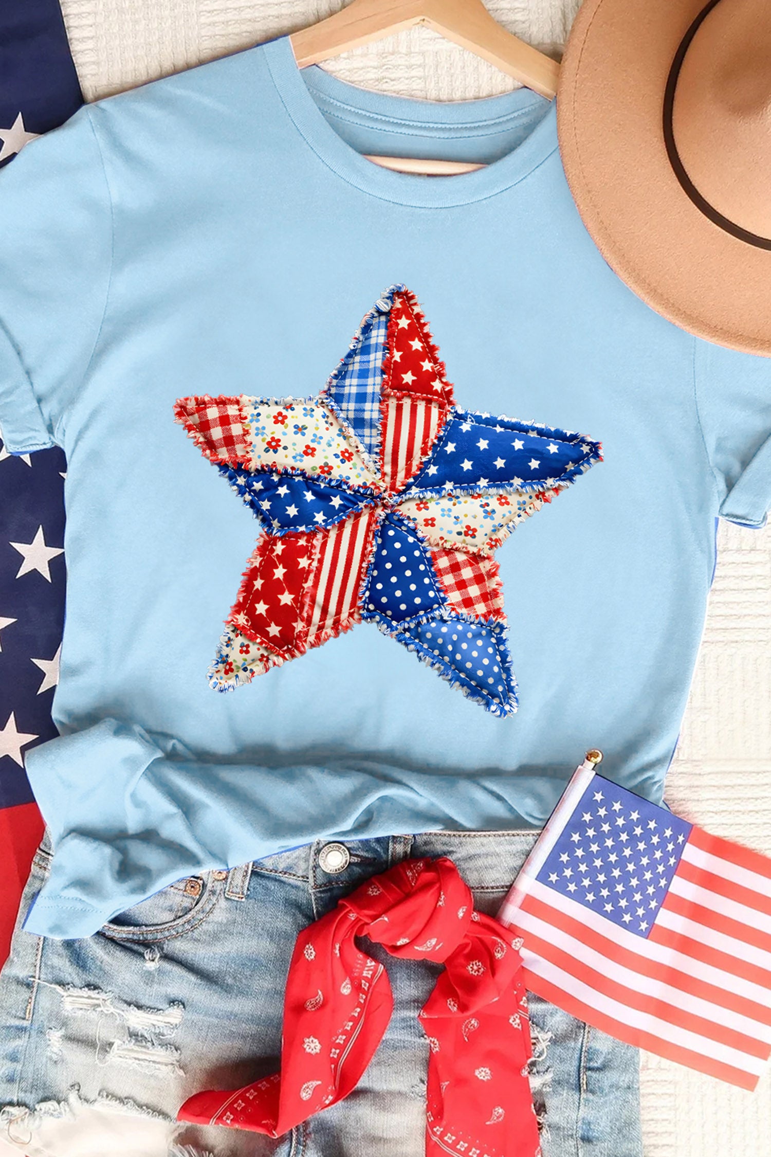Light Blue Patriotic Patchwork Star Graphic T-Shirt