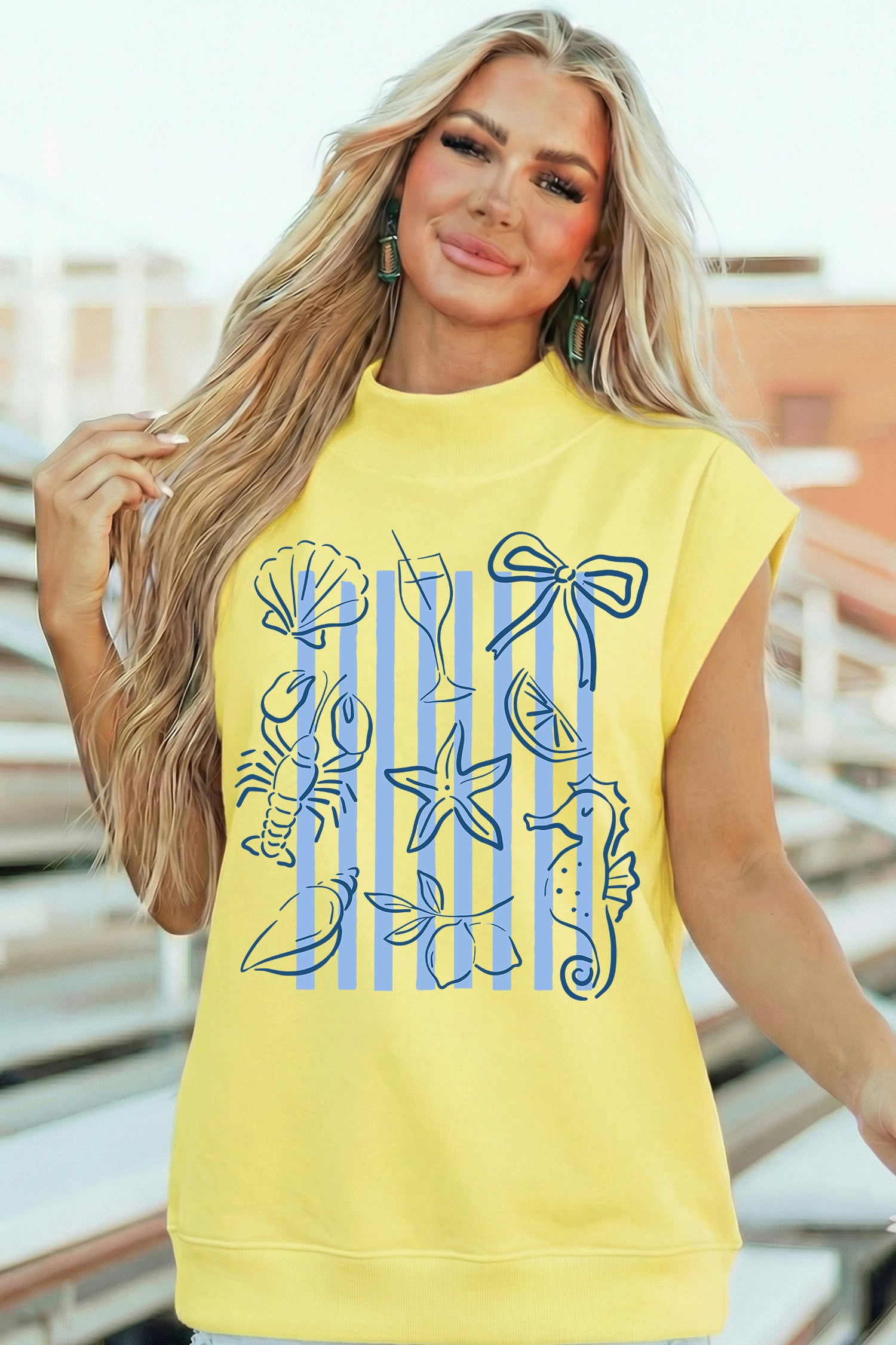 Yellow Seashell Coquette Striped Print High Neck Top