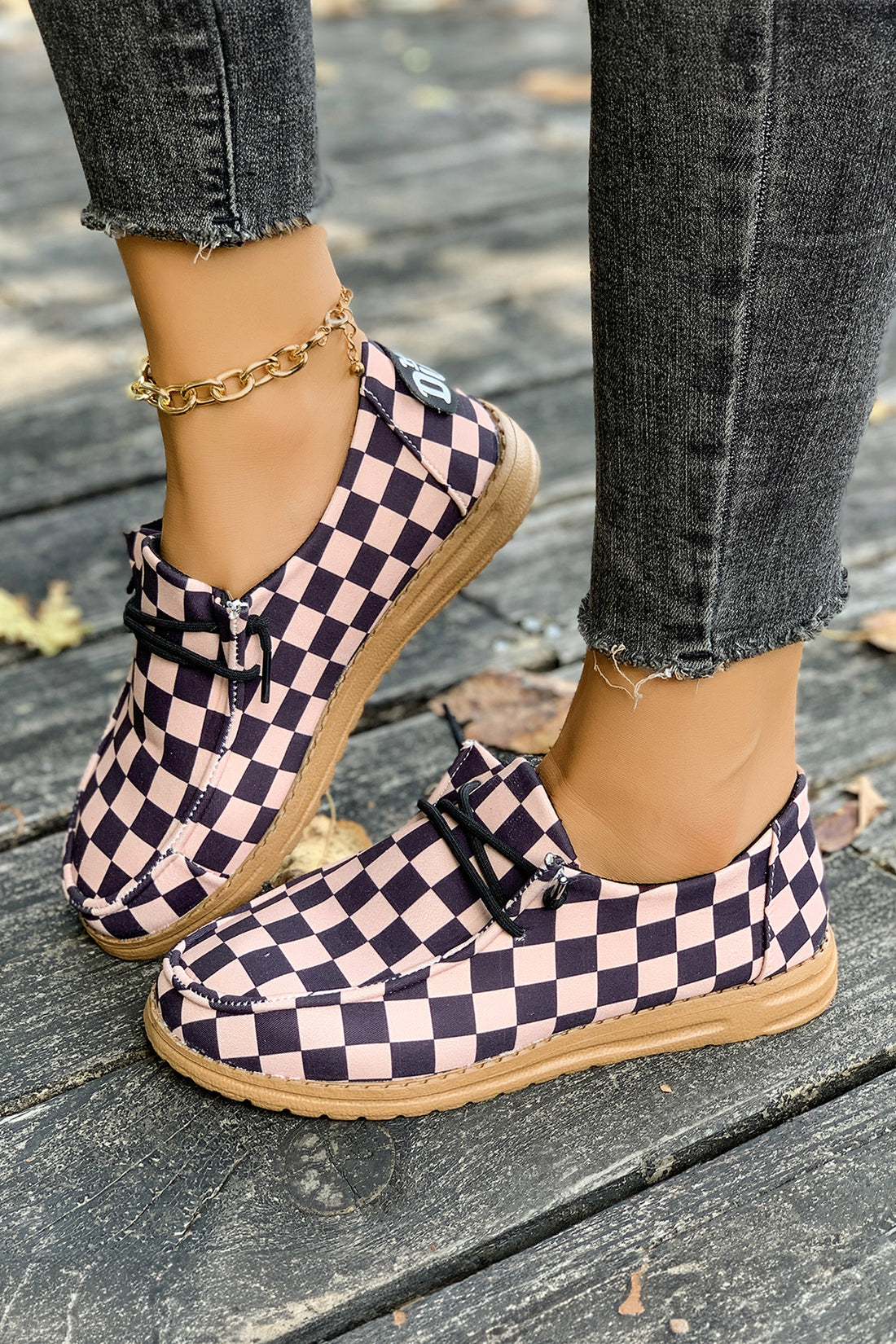 Dark Brown Checkered Print PU Leather Lace Up Detail Flat Shoes