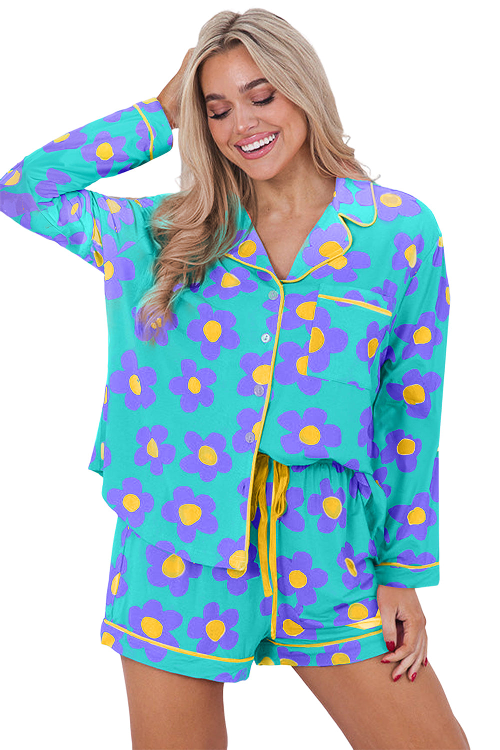 Green Flower Print Long Sleeve Shirt Shorts Pajamas Set