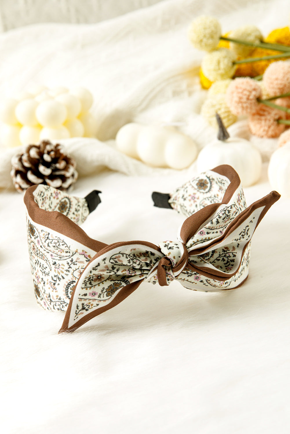 White Bohemian Floral Print Satin Bow Knot Hairband