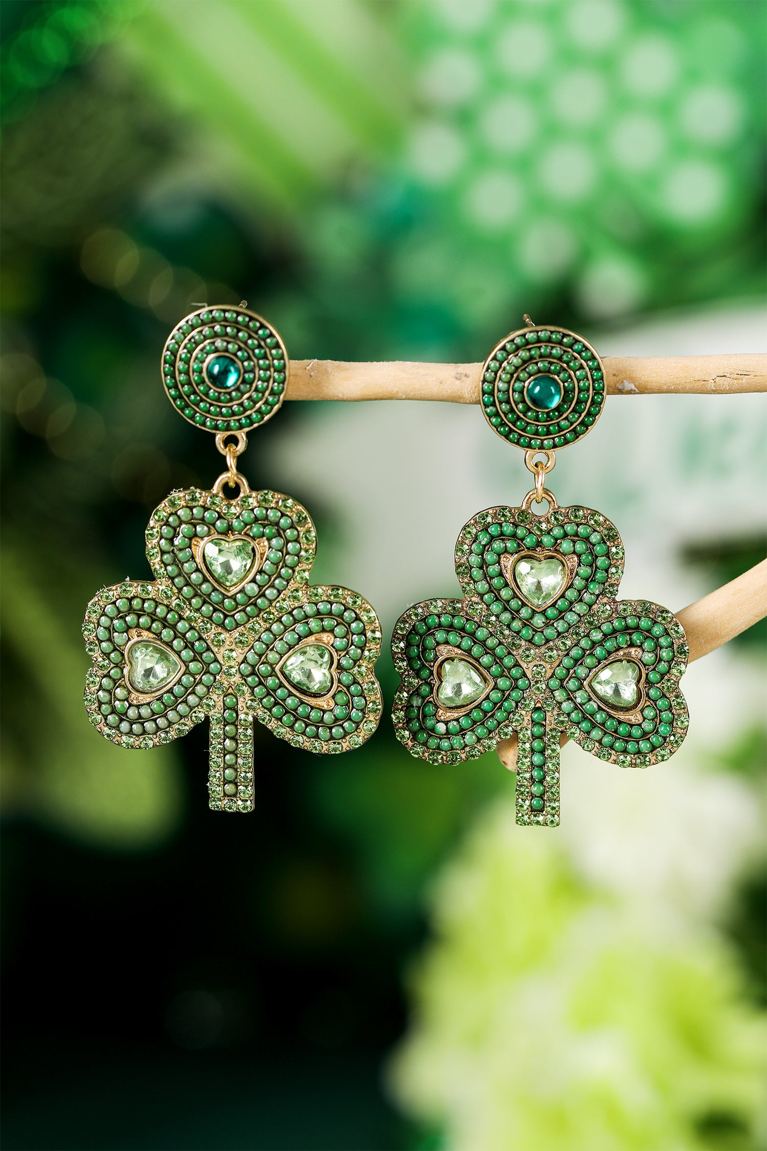 Green St Patrick Retro Beaded Clover Earrings