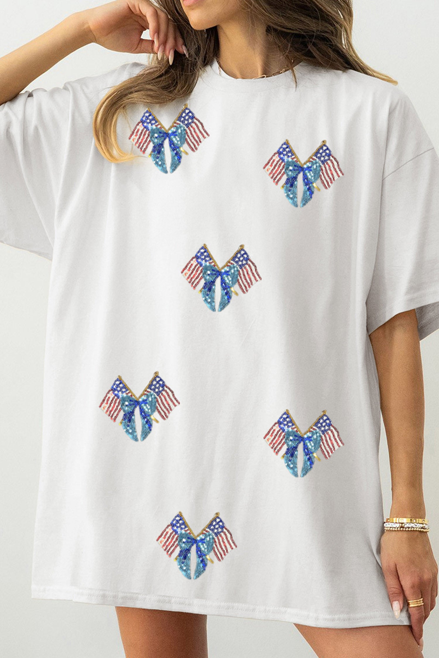 White Patriotic Sequin Bow Flag Cotton Tunic Shift Tee