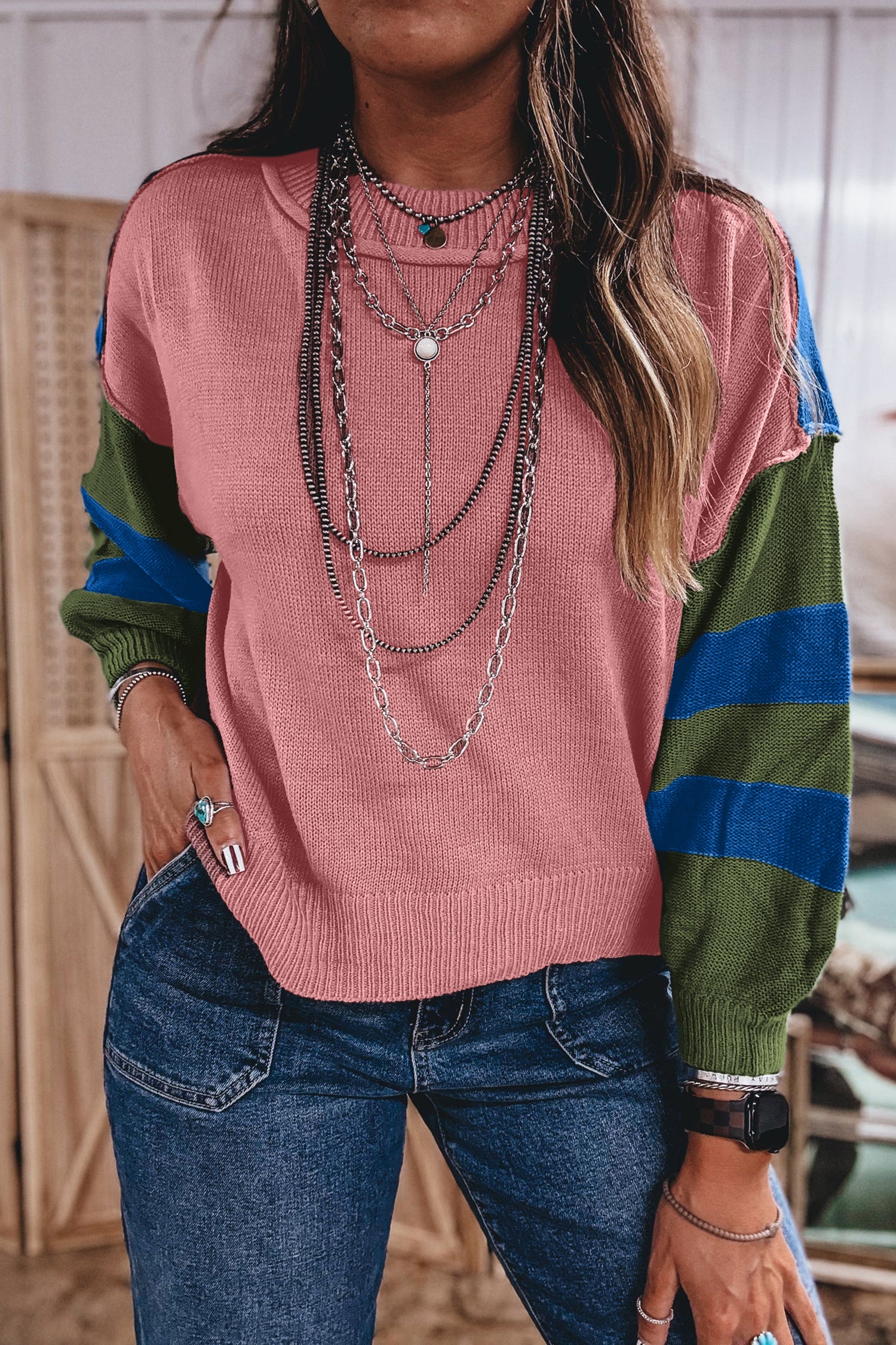 Multicolour Western Colorblock Patchwork Striped Long Sleeve Pullover Sweater