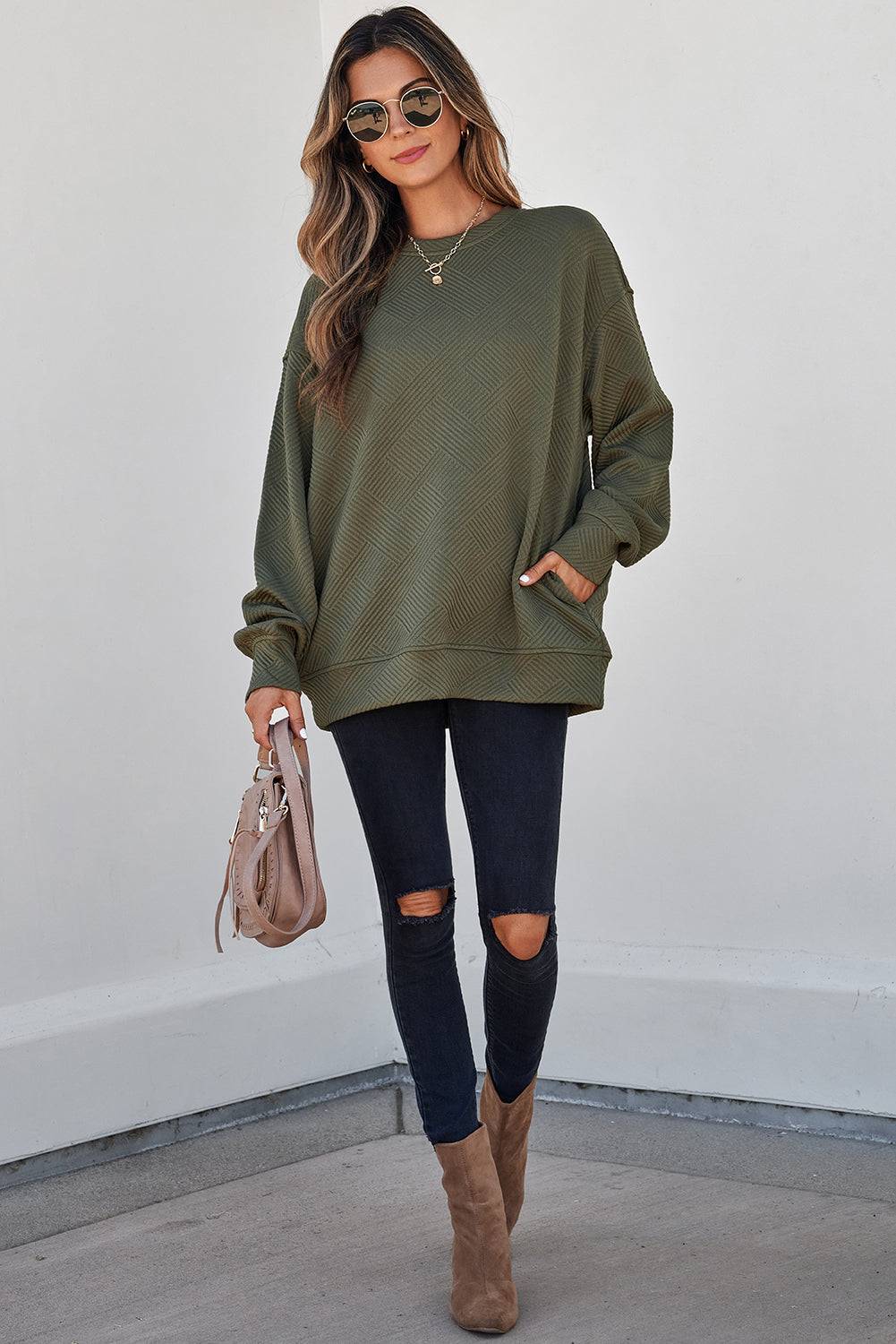 Jungle Green Solid Color Textured Round Neck Drop Shoulder Pullover Sweatshirt