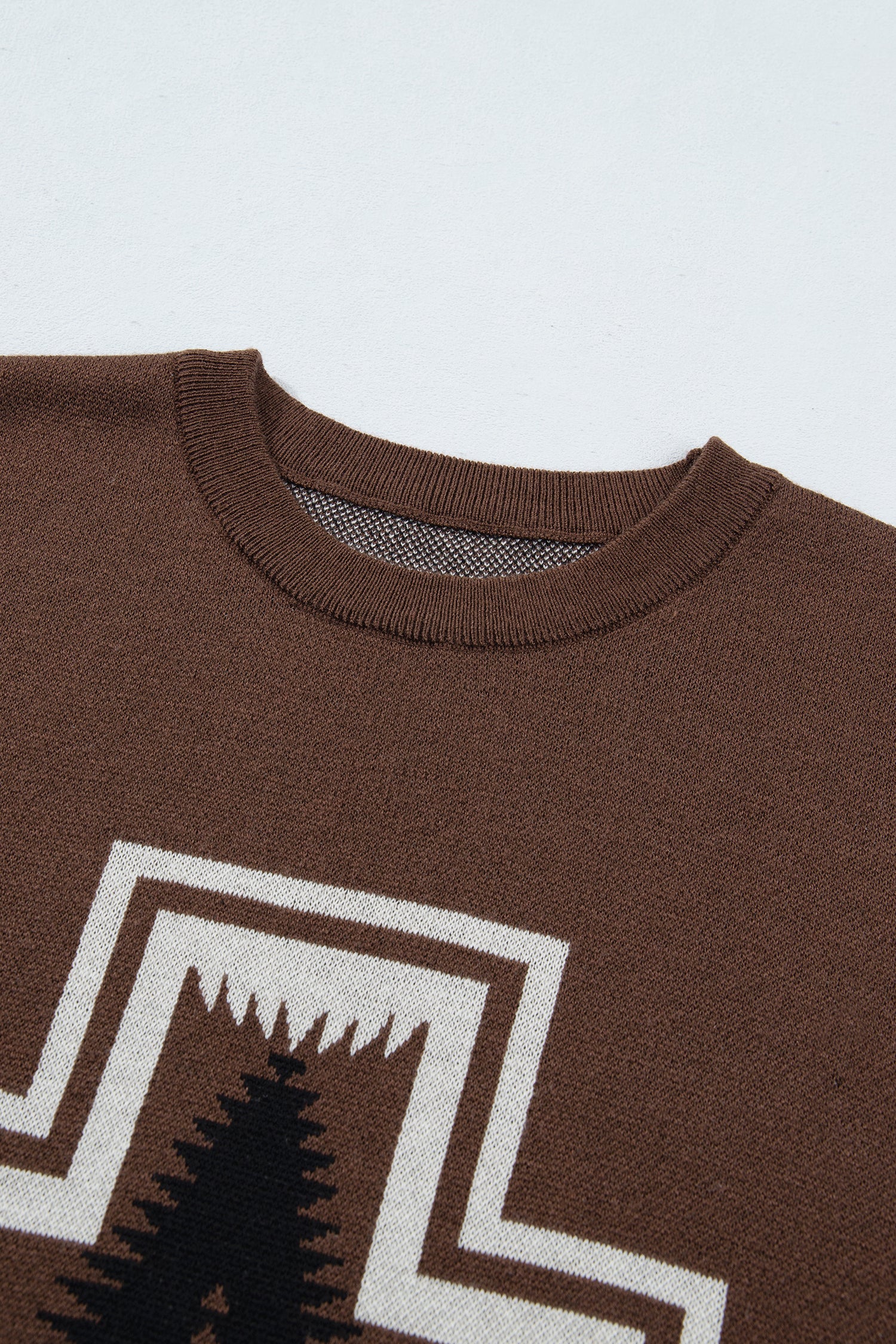 Brown Western Print Short Sleeve Knit Casual Sweater