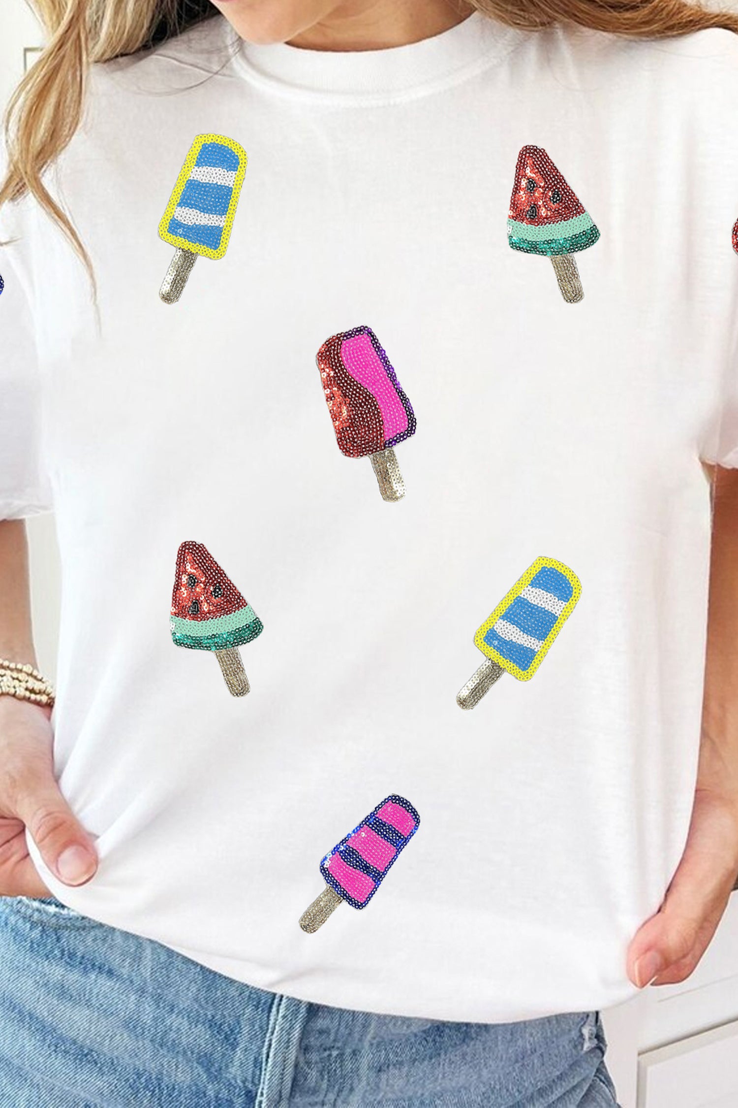 White Sequin Popsicle Graphic Casual T Shirt