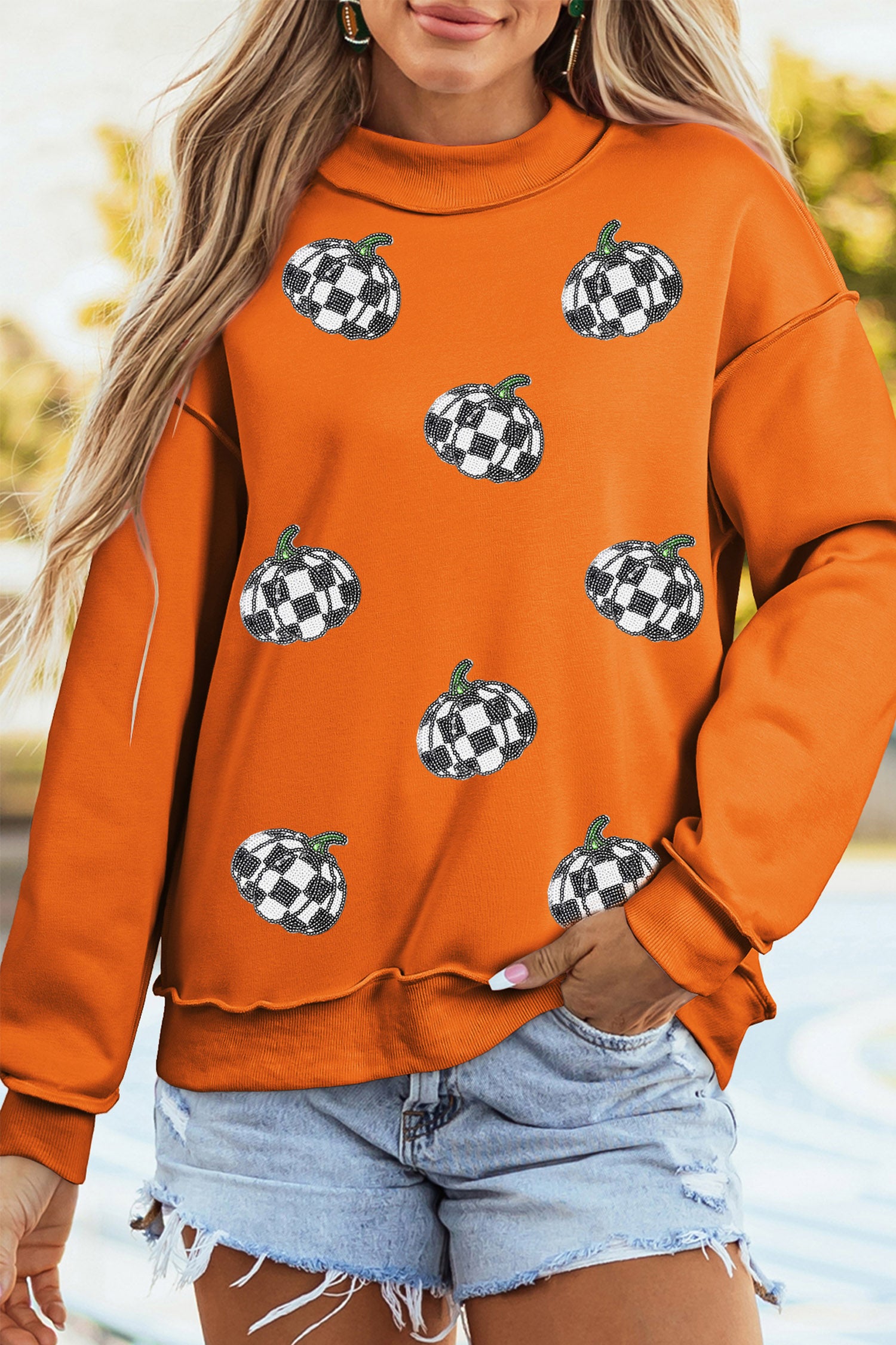 Carrot Sequin Pumpkin Print Mock Neck Tunic Sweatshirt