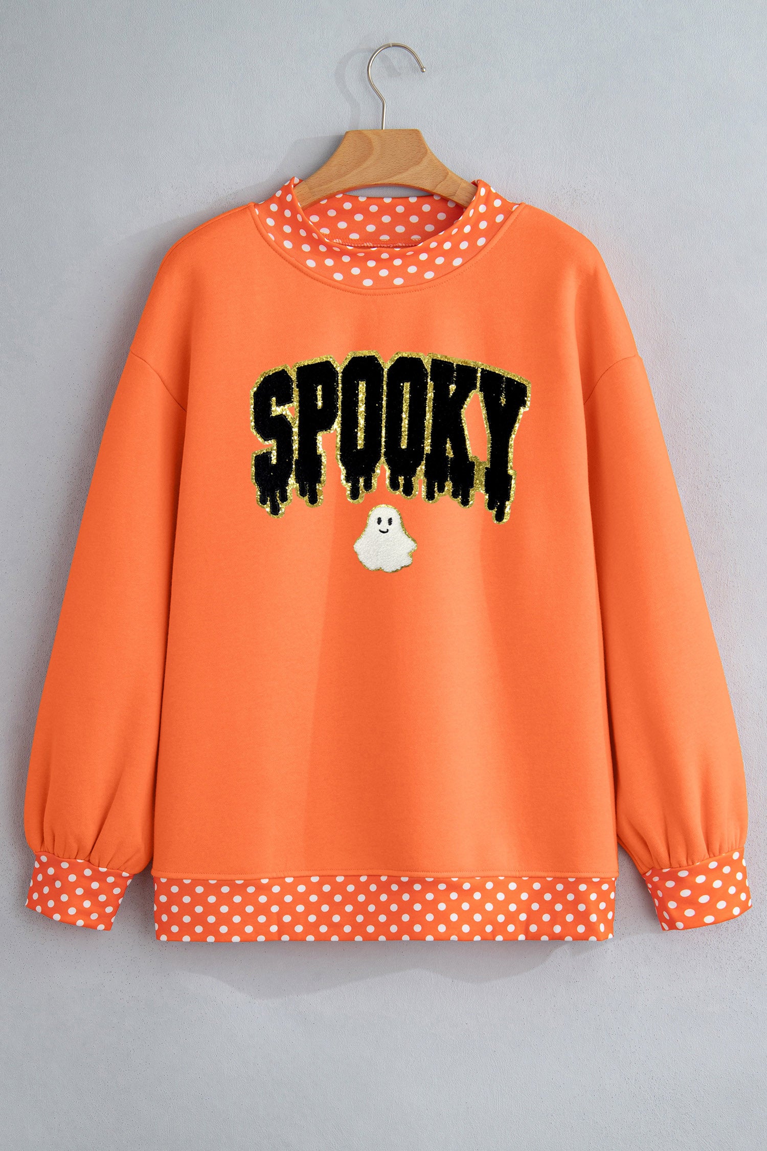 Orange Spooky Letter Print Polka Dot Trim Mock Neck Halloween Sweatshirt