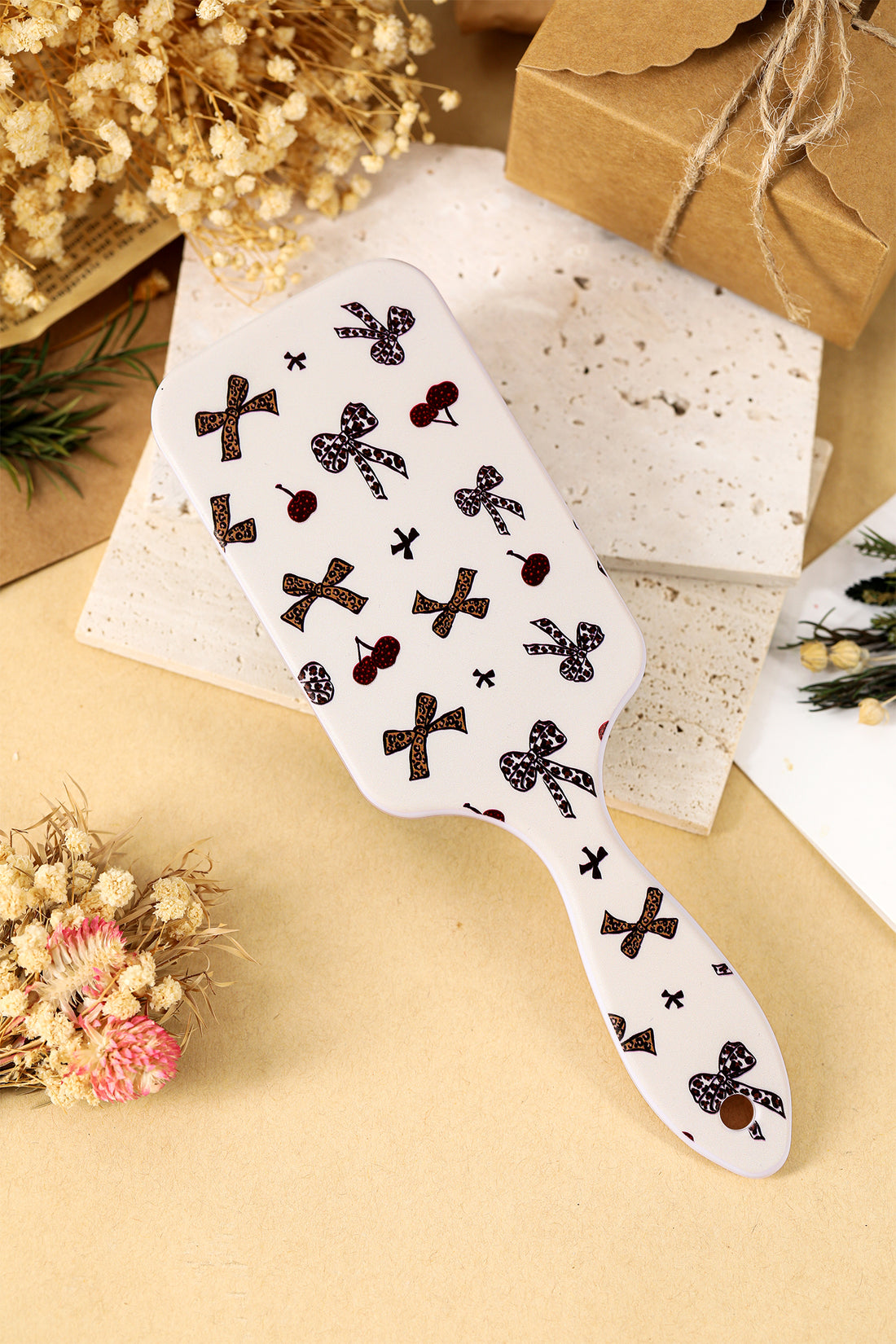 White Leopard Bow Cherry Print Large Detangle Paddle Hair Brush