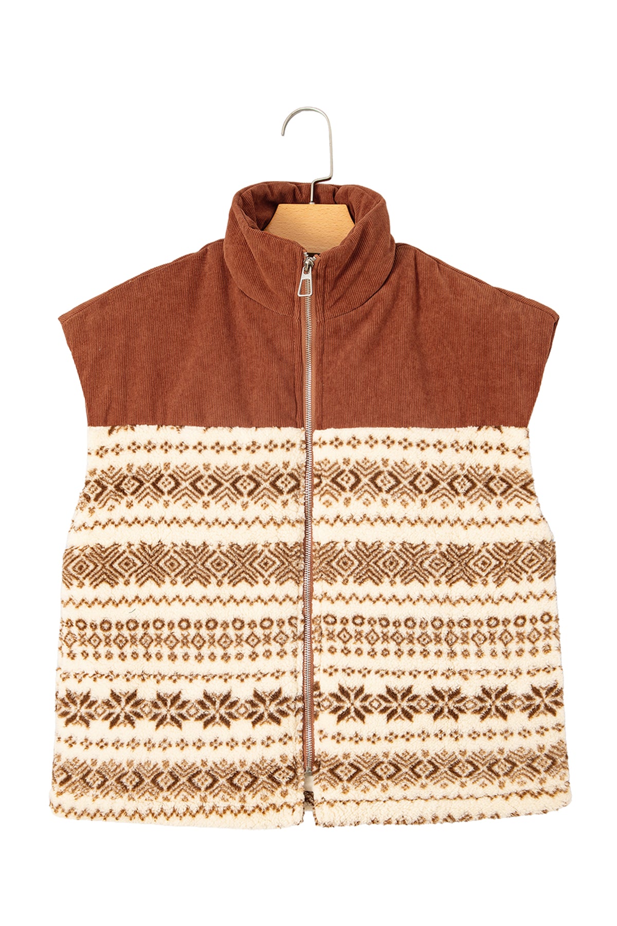 Brown Geometric Print Fleece Metal Zipper Collar Patchwork Design Vest