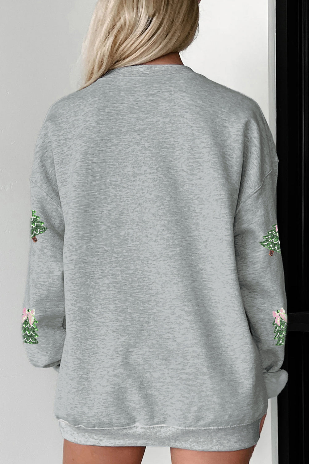 Light Grey Sequin Christmas Tree Graphic Drop Shoulder Pullover Sweatshirt