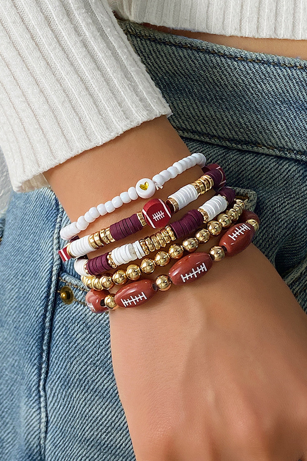 Red Dahlia 5pcs Football Beading Elastic Bracelet Set