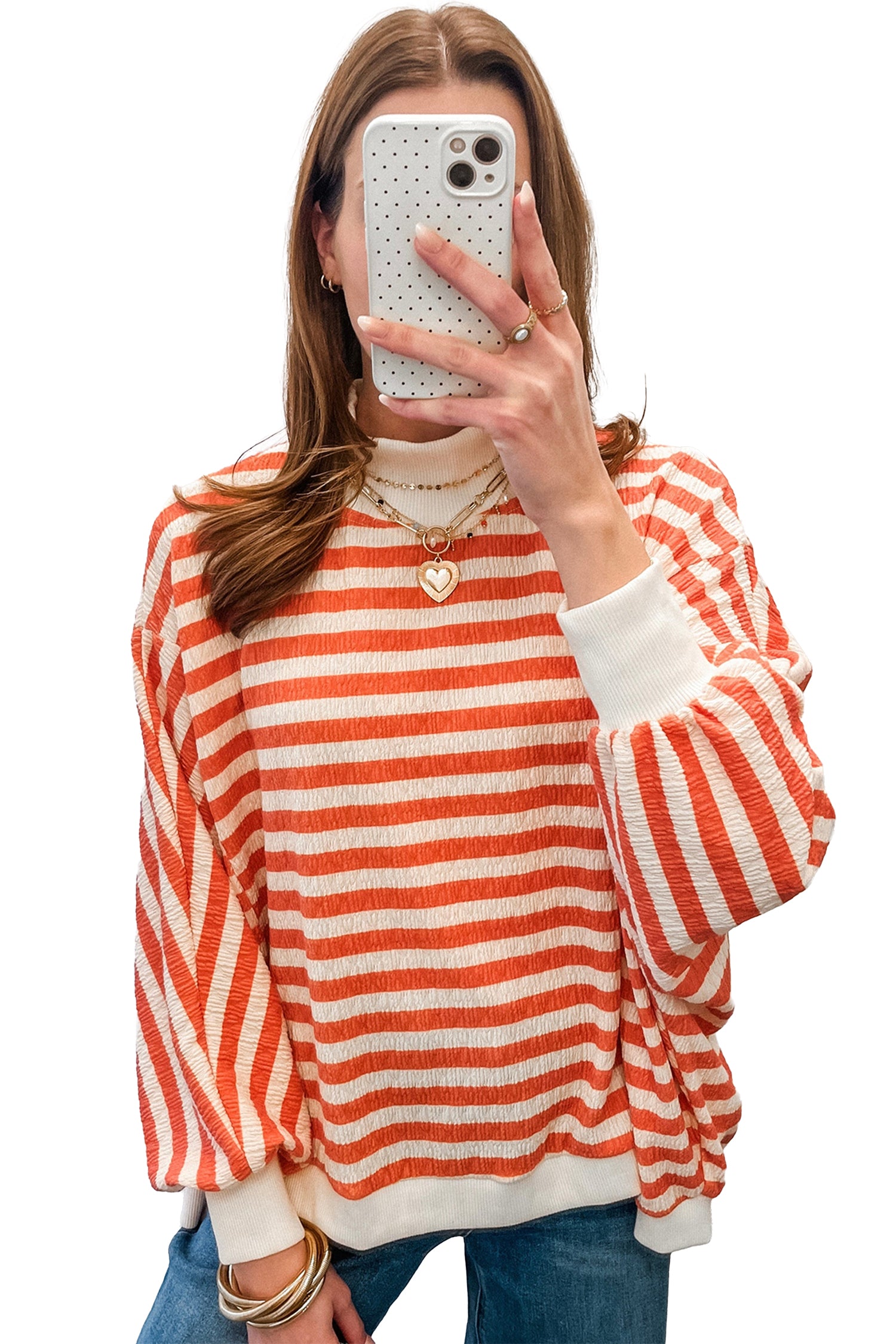 Orange Stripe Striped Textured Stand Neck Oversized Long Sleeve Top