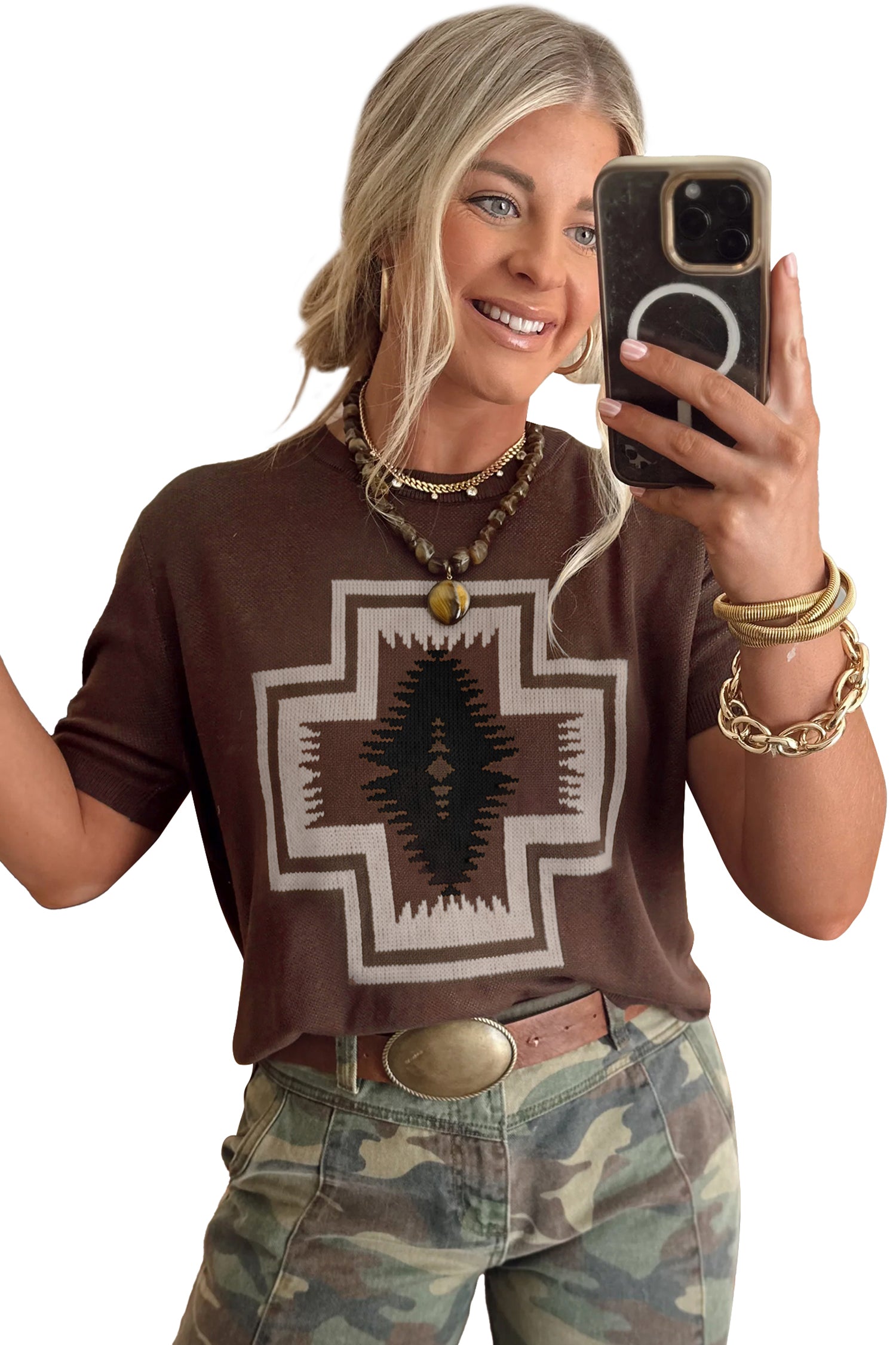 Brown Western Print Short Sleeve Knit Casual Sweater