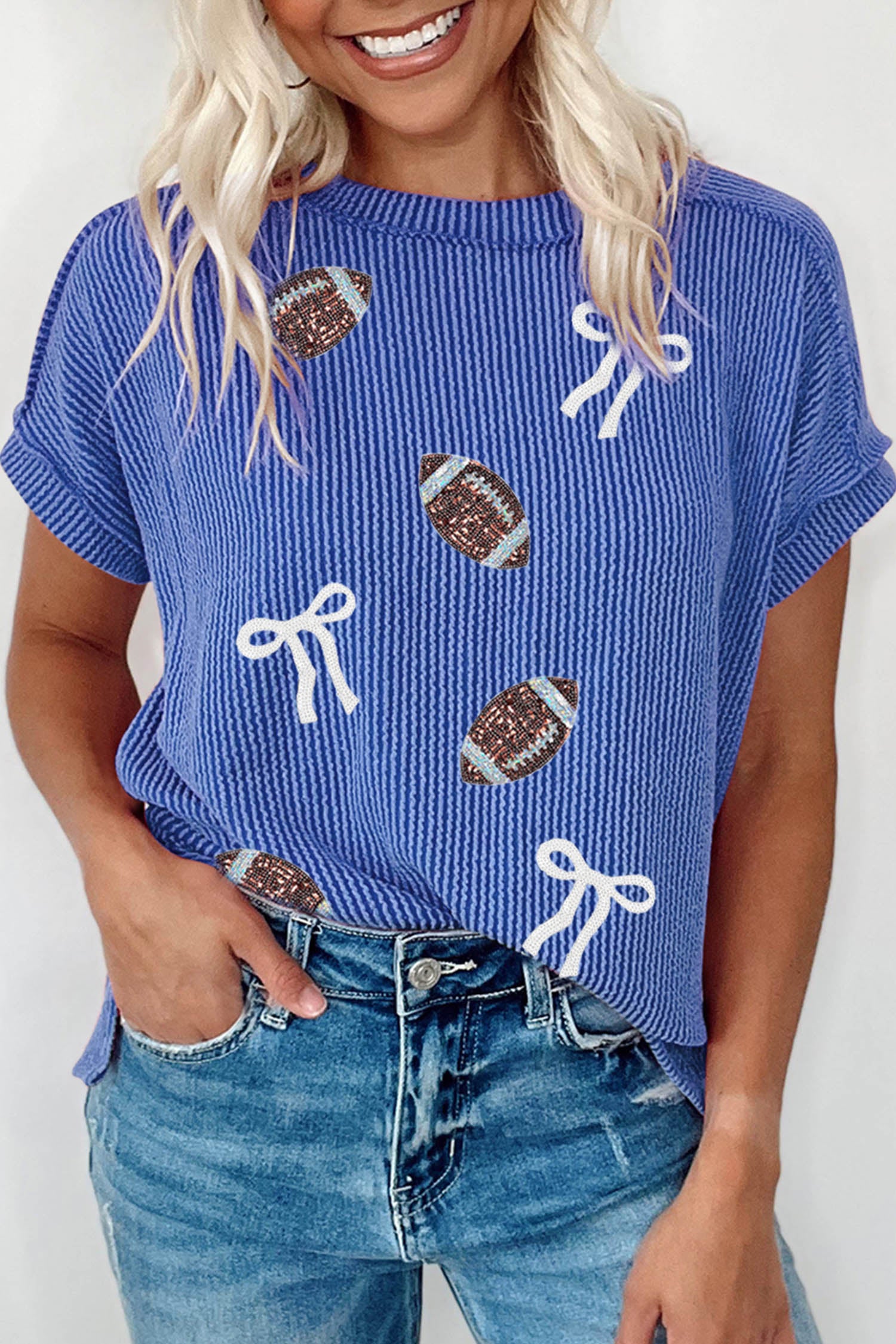 Dark Blue Sequin Bow Rugby Detail Twisted Ribbed Casual Game Day Top