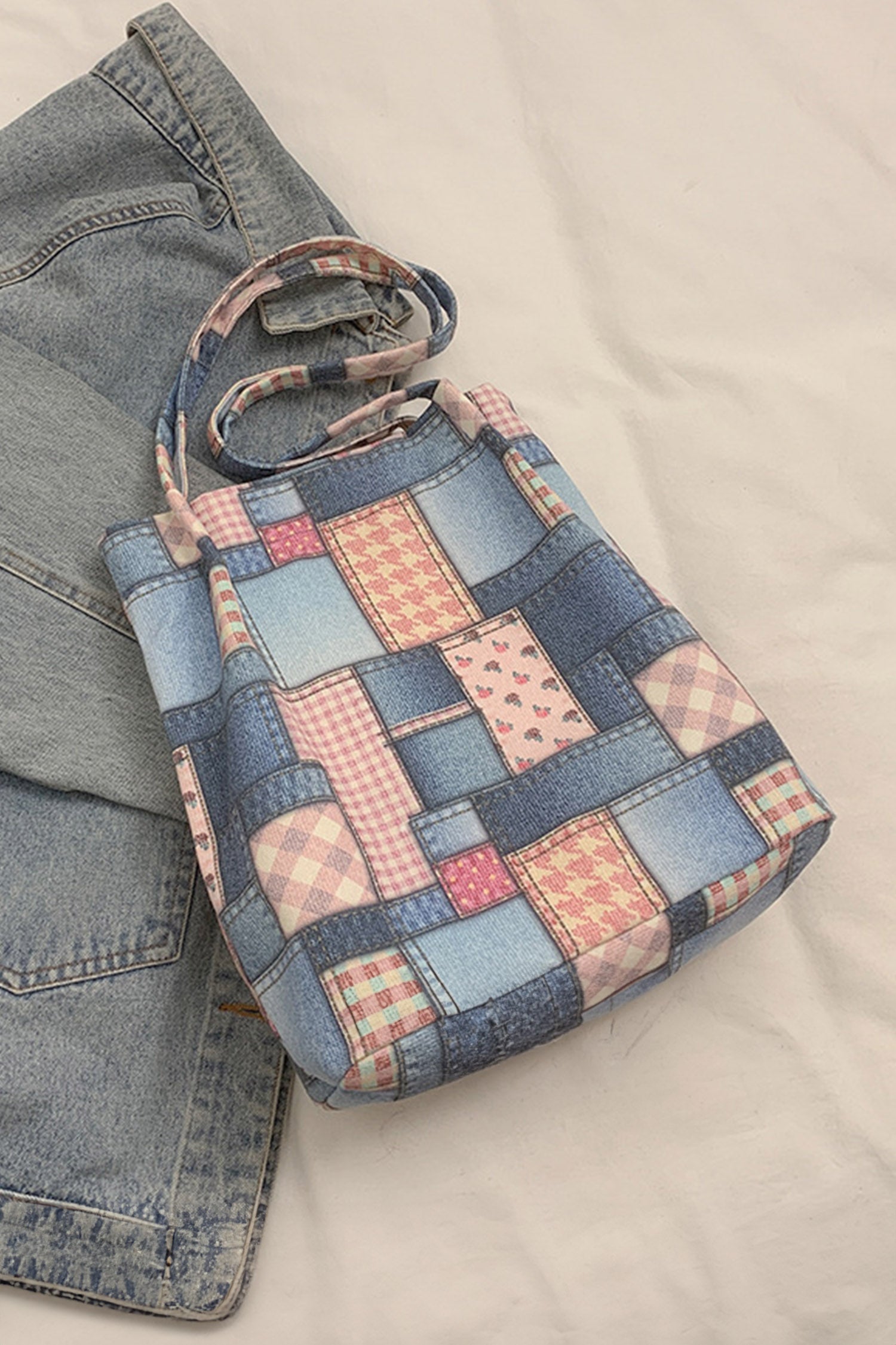 Pink Vintage Plaid Patchwork Print Canvas Tote Bag