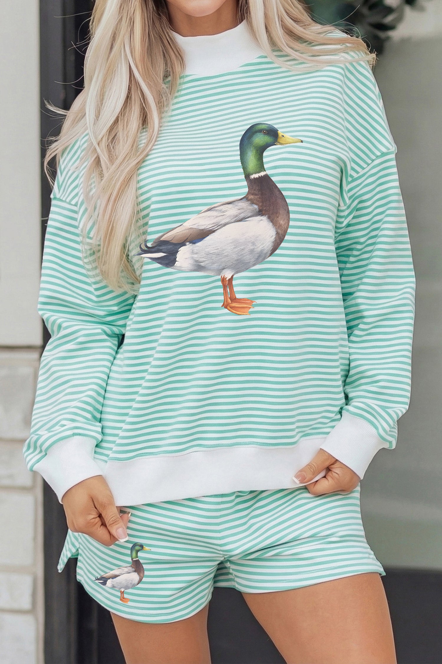 Green Stripe Western Print Mallard Duck Mock Neck Sweatshirt Set