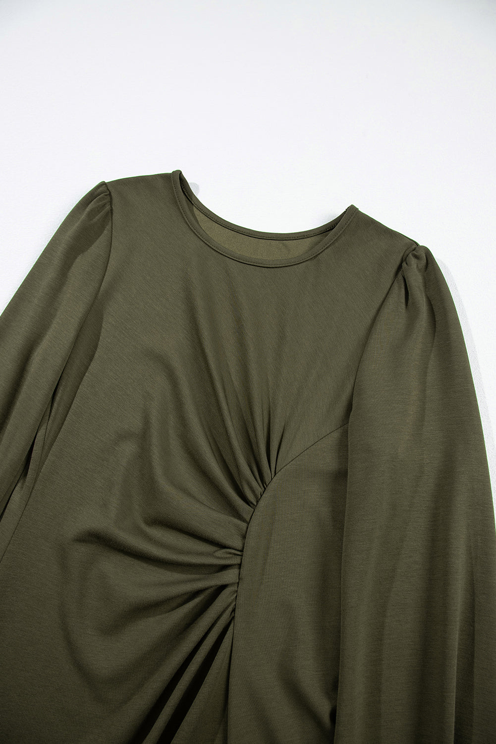 Jungle Green Solid Color Ruched Detail Long Sleeve Midi Dress