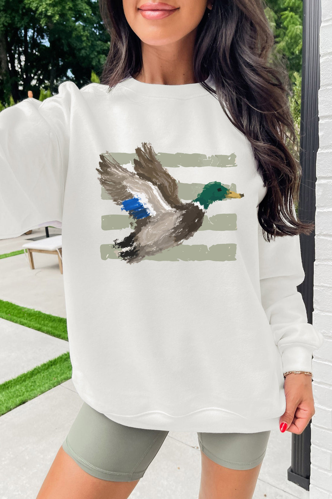 White Western Print Mallard Duck Graphic Casual Sweatshirt