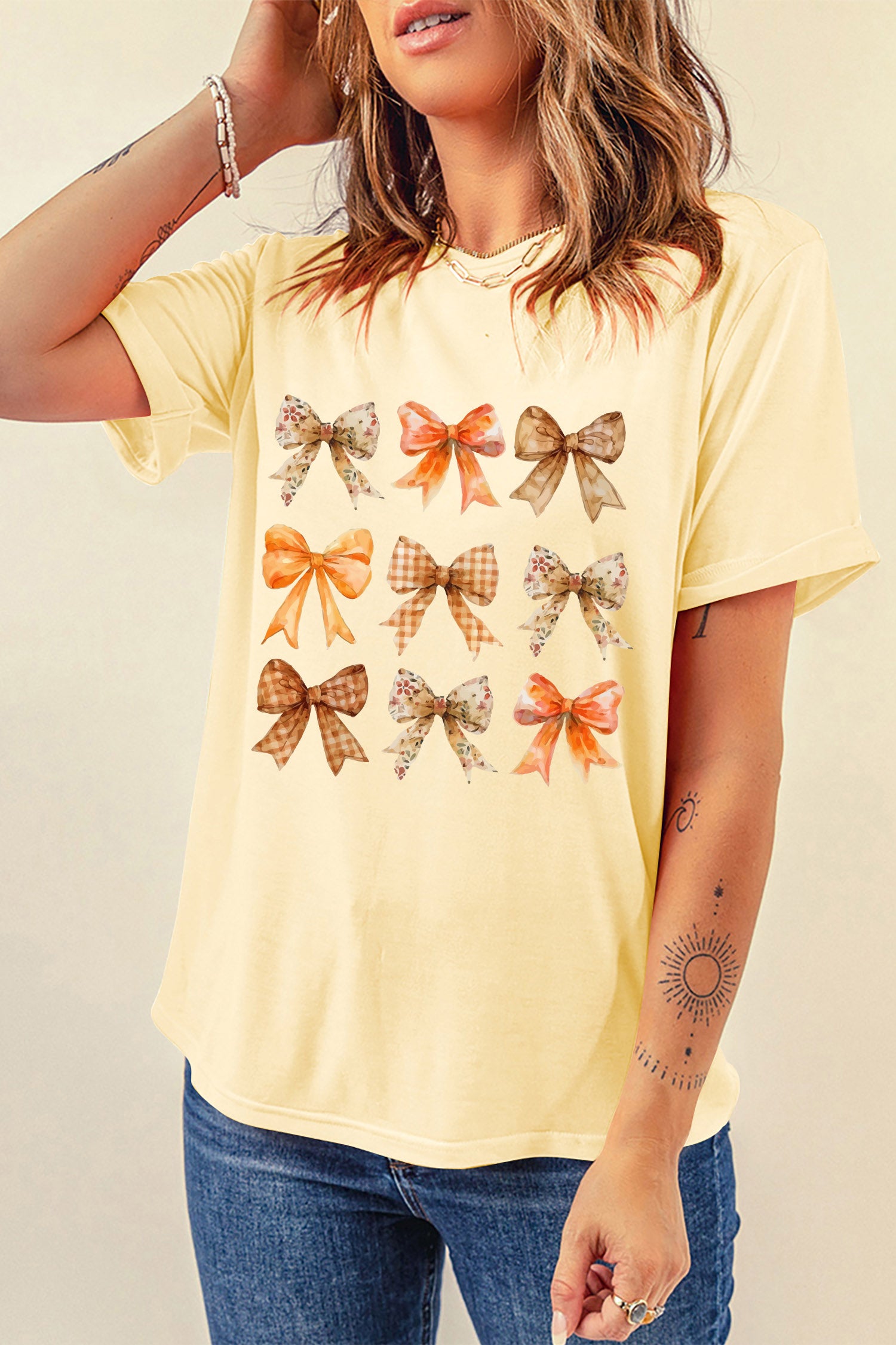 Yellow Cream Diverse Bow Pattern Casual Round Neck Tee