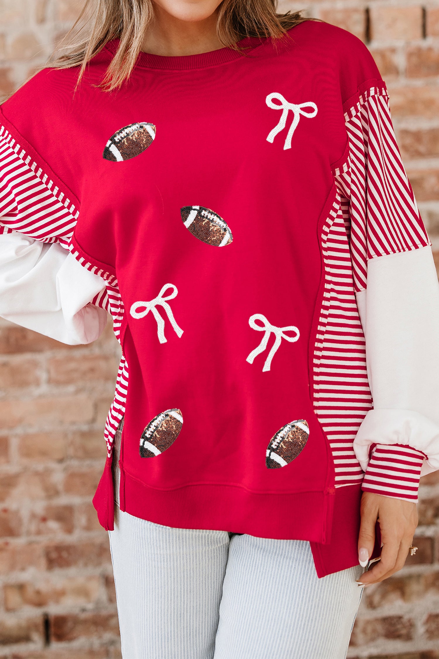 Fiery Red Sequin Rugby Bow Print Striped Color Block Sleeve Patchwork Graphic Sweatshirt