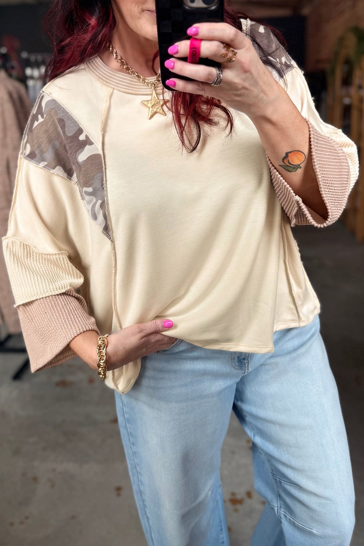 Beige Camouflage Colorblock Twist Rib Patchwork 3/4 Sleeve Top