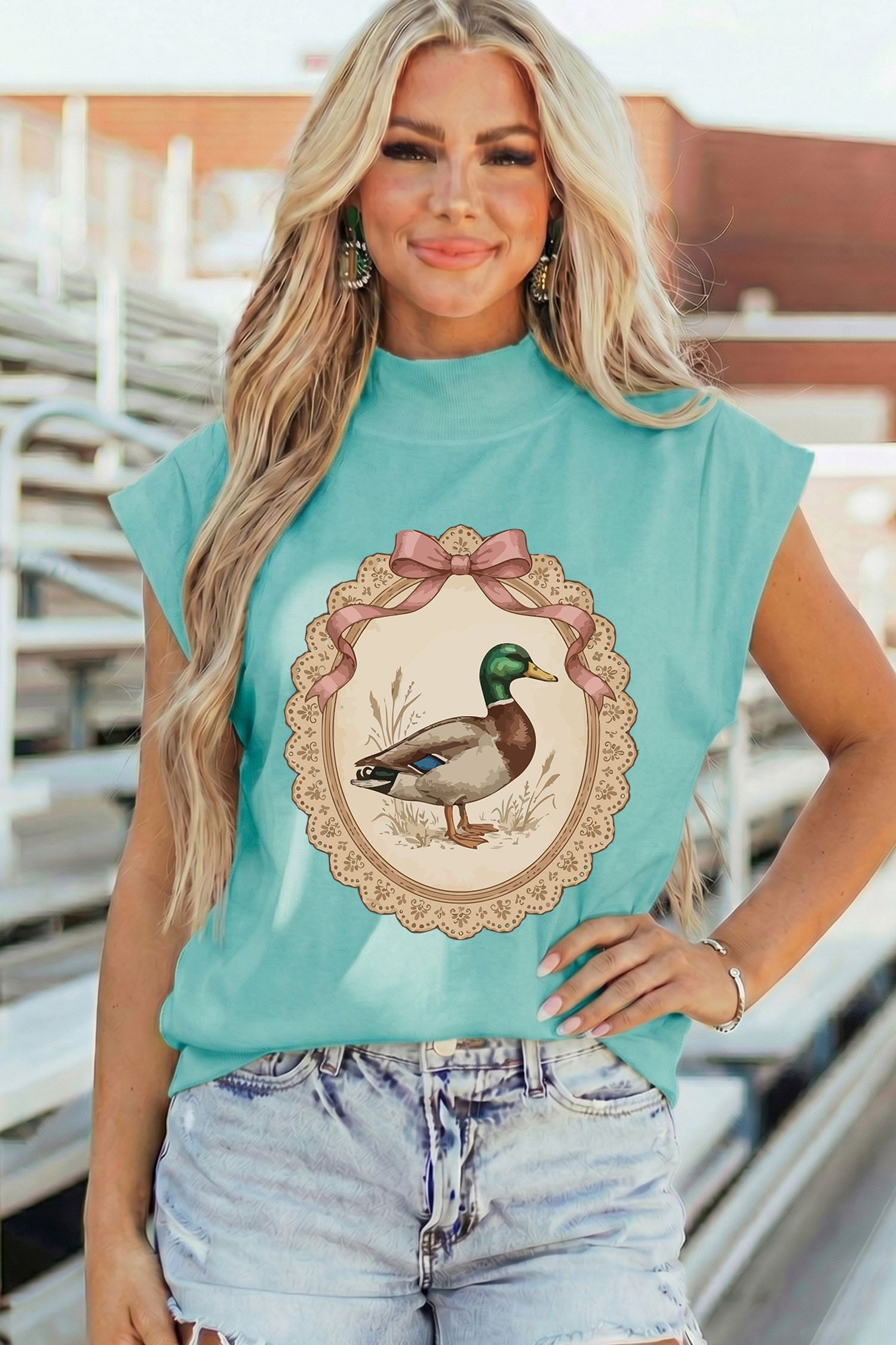 Mint Green Retro Duck Print High Neck Short Sleeve Tunic Top