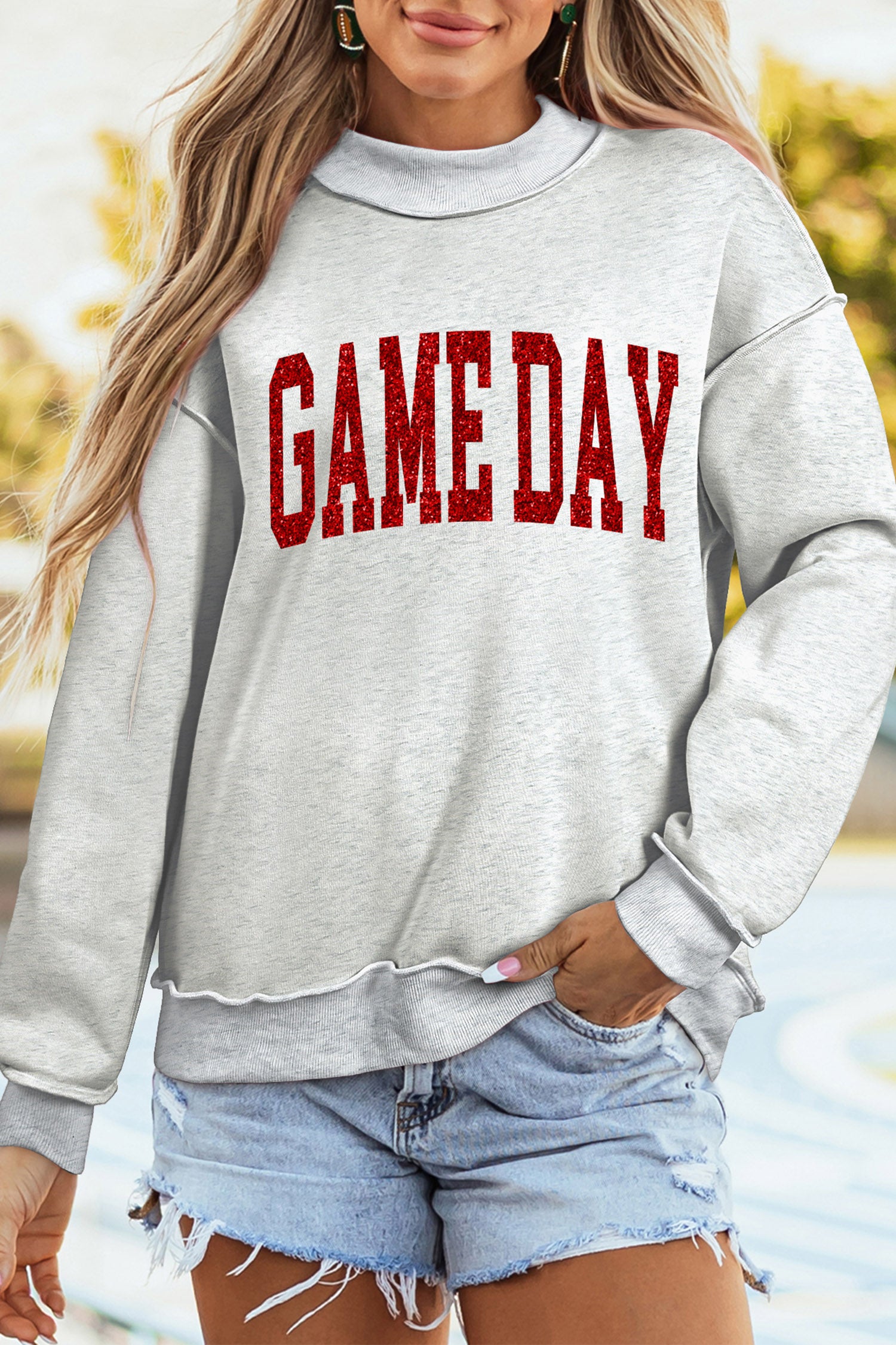 Light Grey Glitter Letter Game Day Mock Neck Casual Graphic Sweatshirt