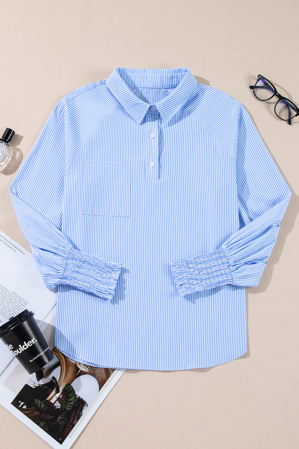 Sky Blue Stripe Pinstripe Long Sleeve Smocked Cuffs Button Shirt Collar Blouse