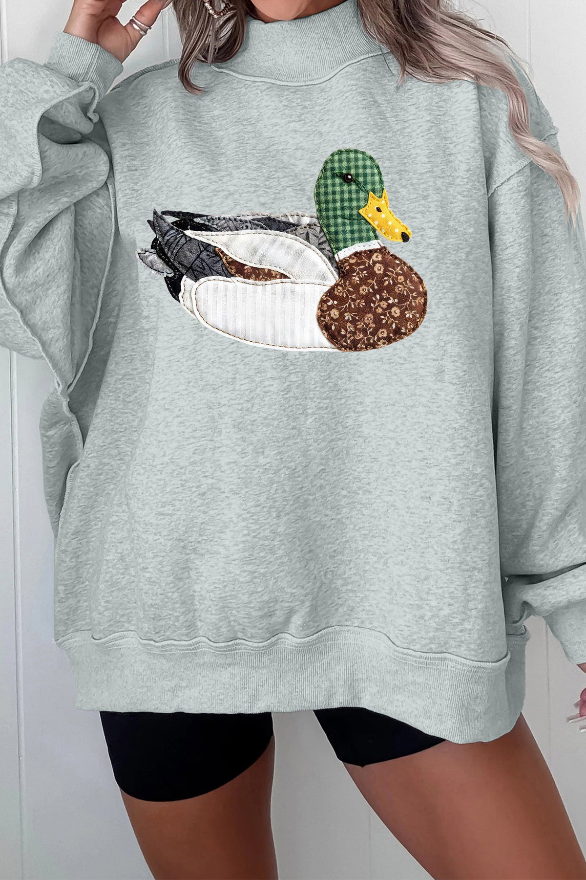 Gray Mallard Patchwork Mock Neck Pullover Sweatshirt
