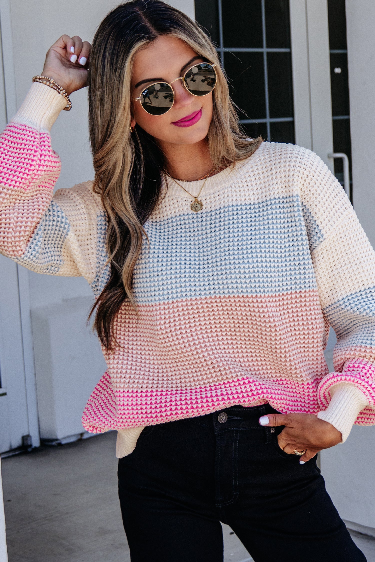Light Blue Drop Shoulder Round Neck Long Sleeve Pullover Sweater